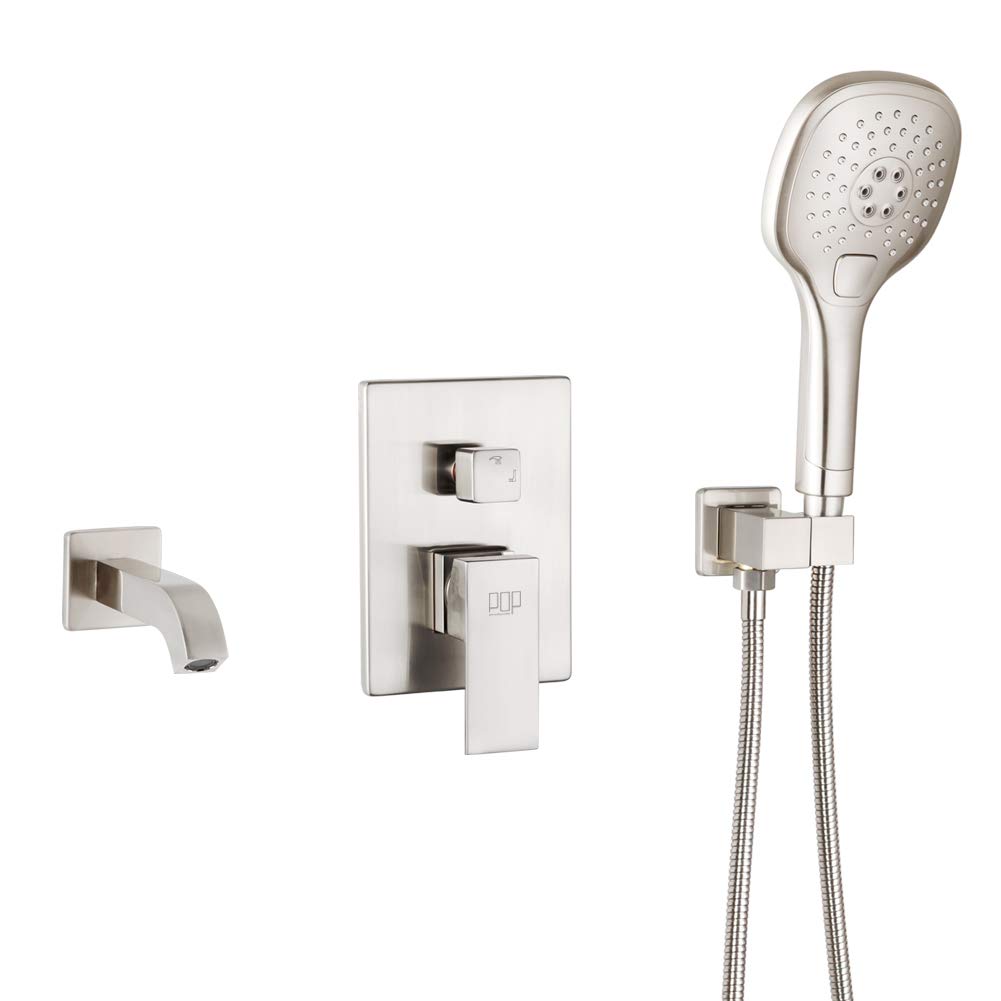 POP Brushed Nickel Wall Mounted Tub Faucet with Hand Shower - Solid Brass Bathtub Faucet with Single Handle & Handheld Showerhead - Perfect for Modern Bathroom & Spa-Like Bathing Experience