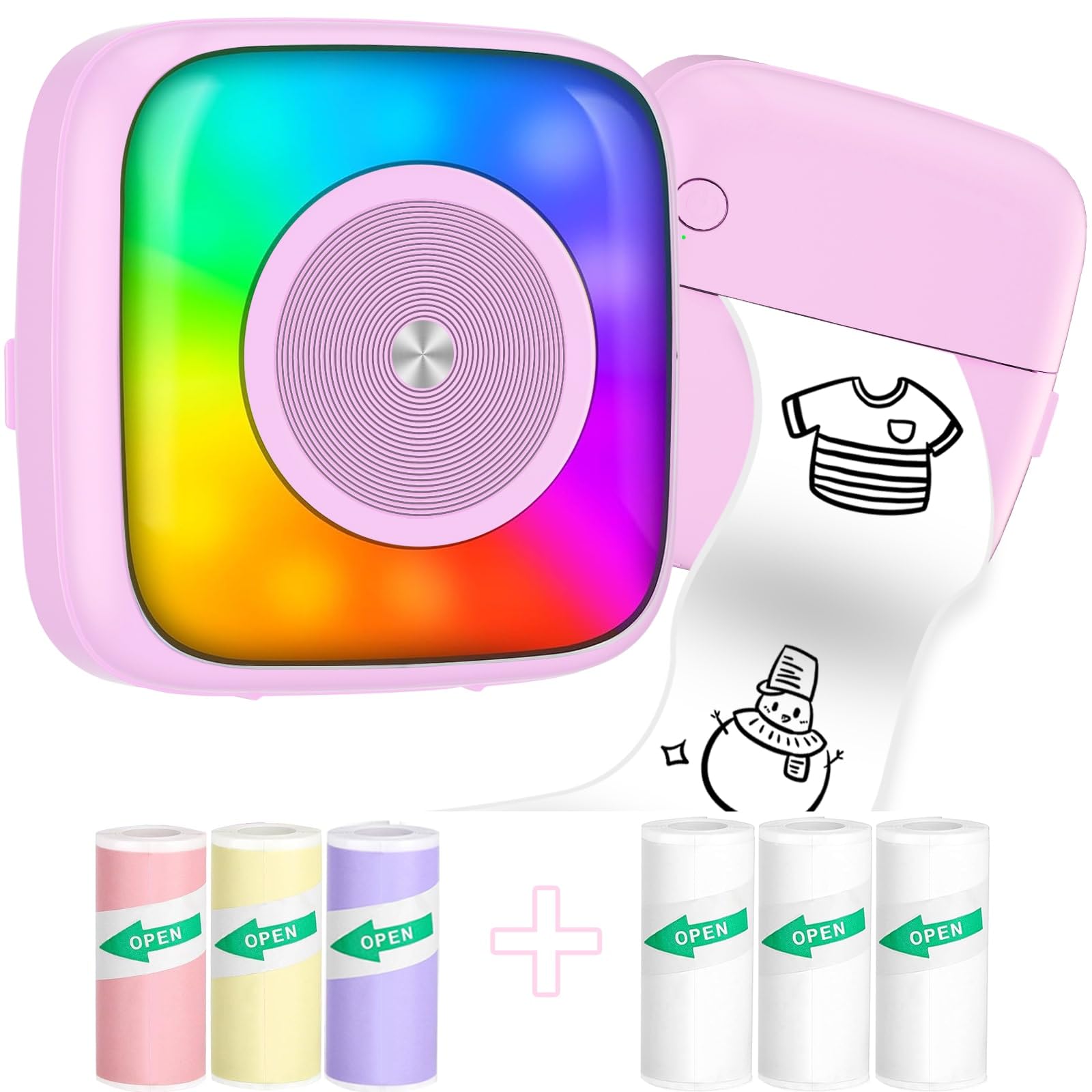 Mini Sticker Printer with 6 Rolls Paper - Portable Thermal Label Maker for DIY Scrapbooking, Travel Journaling, Note Taking & Memos - 7 Color LED Light Modes - Wireless Bluetooth Compatible with iPhone & Android Phones - Perfect for Home Office, School Projects & Gift Wrapping