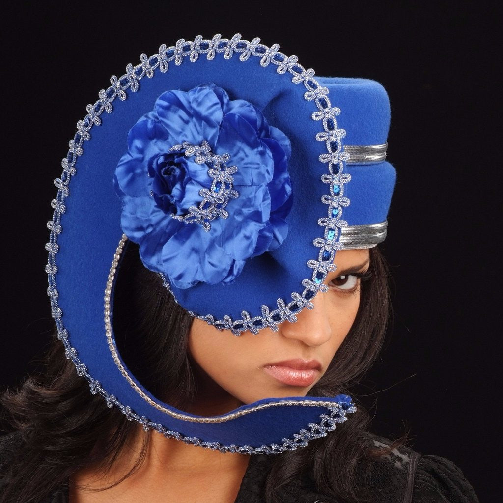 FW1136 Blue Felt Winter Hat with Silver & Blue Trim - Elegant Large Satin Flower Accent - Warm Women's Beanie for Cold Weather, Outdoor Activities & Fashion Accessory