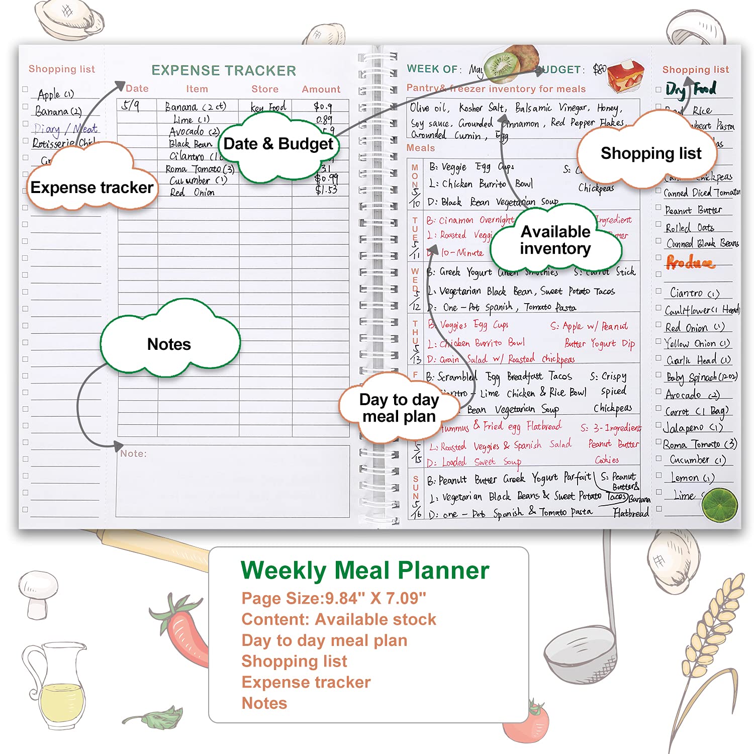 Budget Planner & Meal Planner Notebook with Floral Design - Financial Organizer, Expense Tracker & Grocery List for Personal Finance, Meal Planning & Savings Goals (Perfect for Students, Moms & Home Organization)
