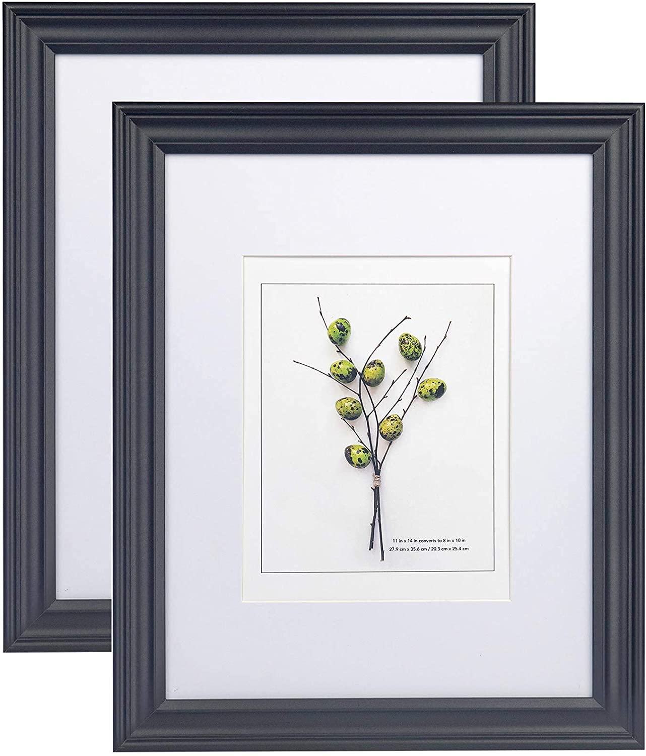 11x14 Black Picture Frames Set of 2 - 8x10 with Mat, HD Plexiglass - Wall Mount for Home & Office Decor