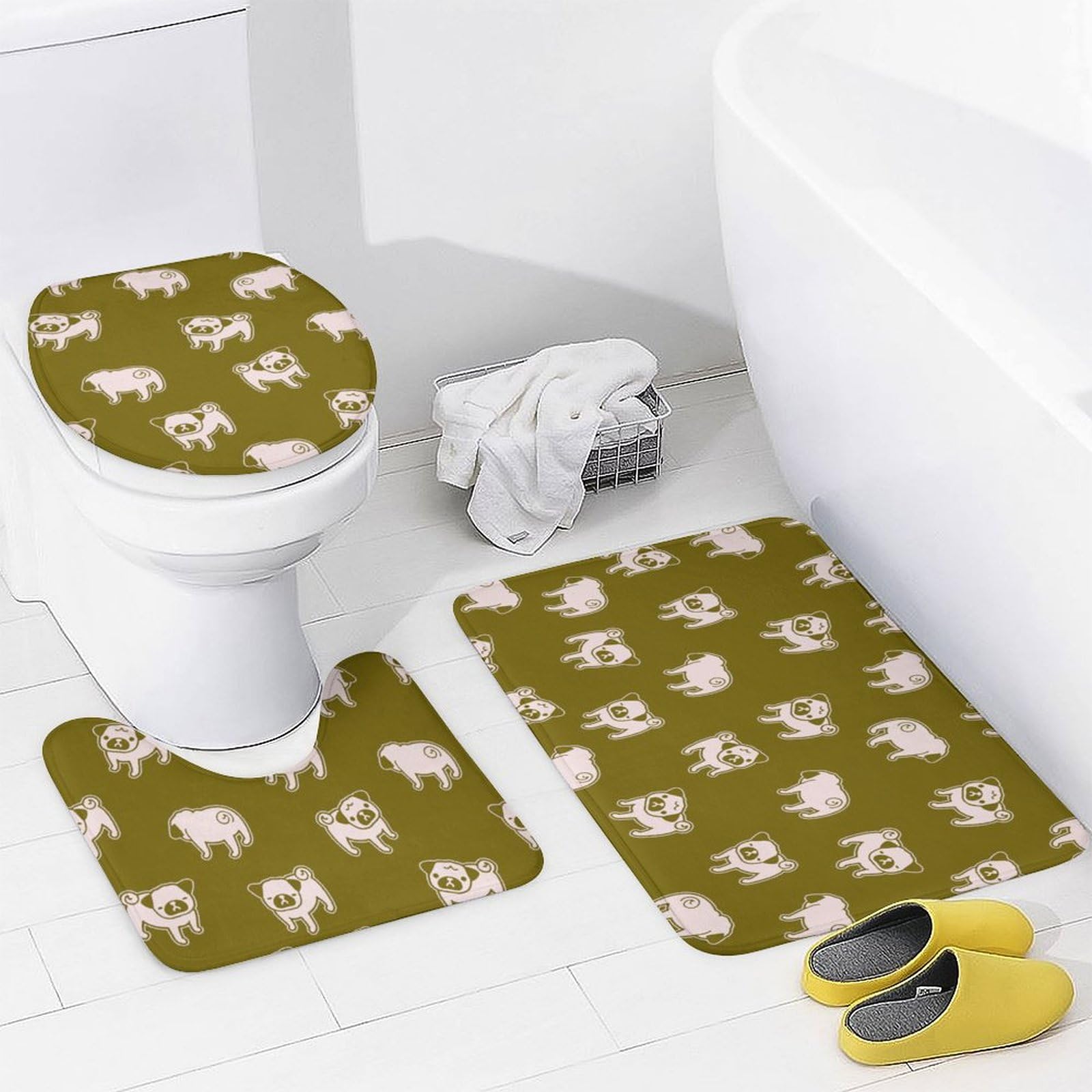 Pug Shower Curtain Set - 4PCS Bathroom Decor with Non-Slip Rug for Pet Lovers