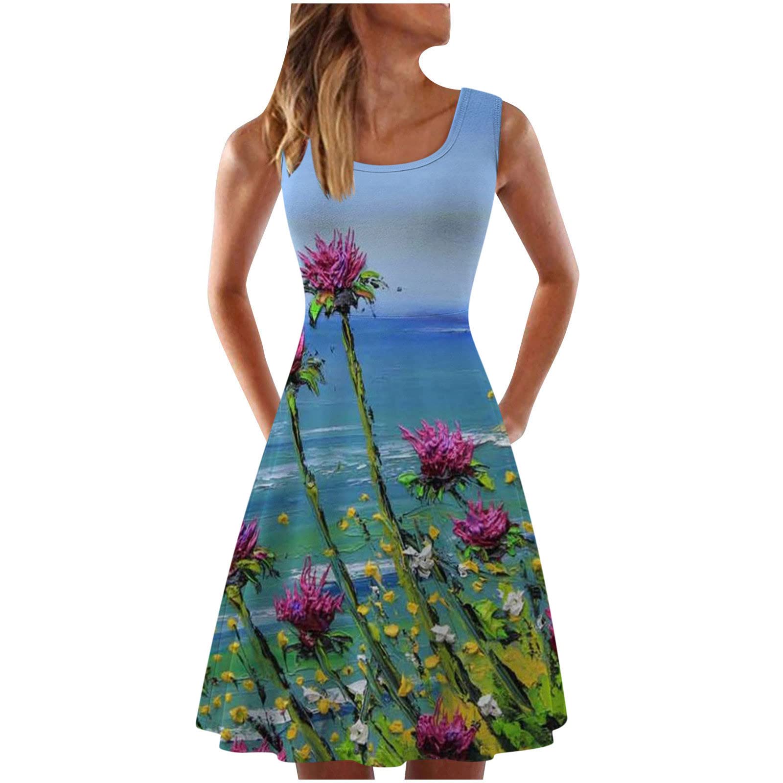 Women's Sleeveless Floral A-Line Sun Dress - Summer Casual Pleated Midi Dress with Scoop Neck | Perfect for Beach Vacations, Garden Parties & Brunch Outings