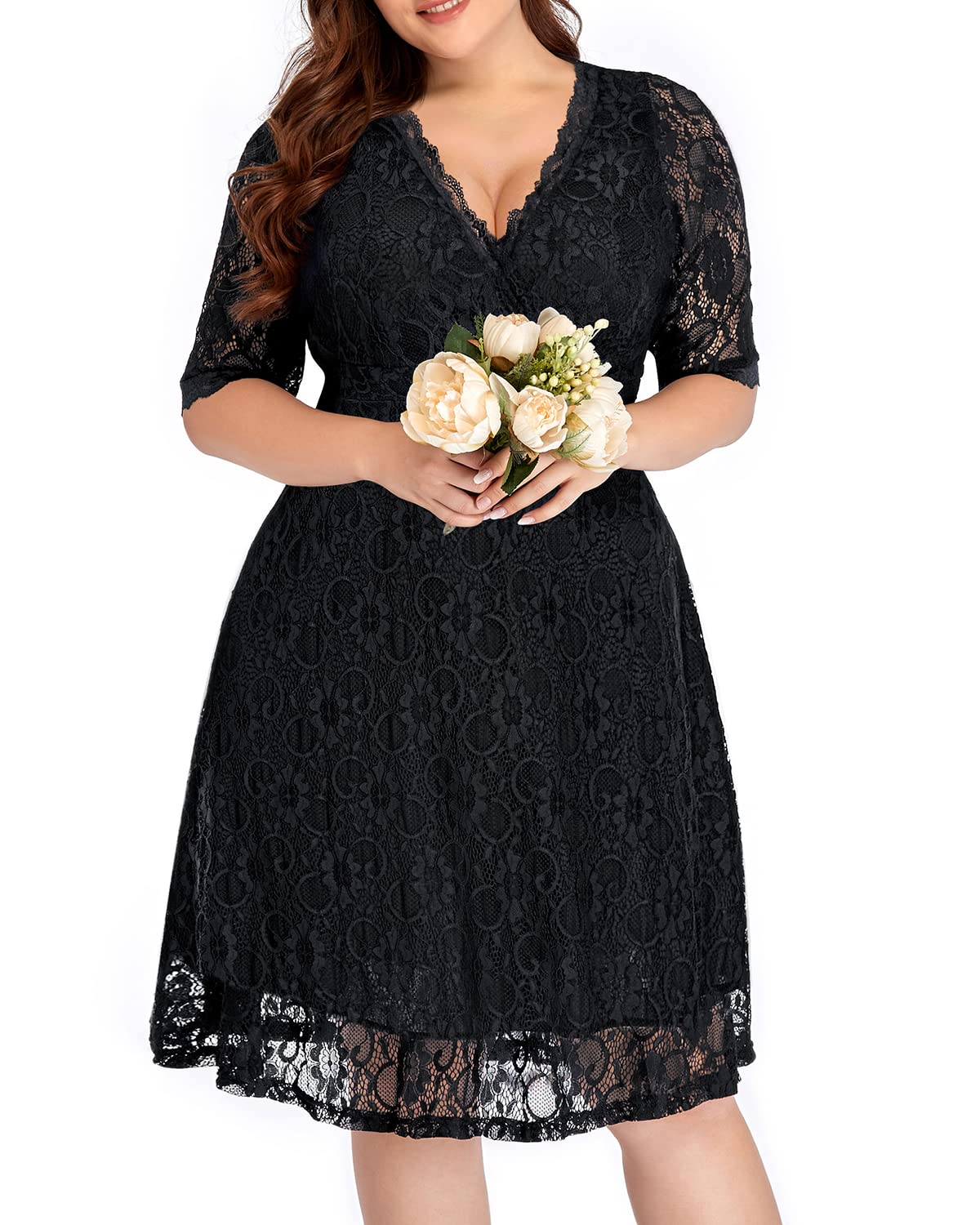 Plus Size Women's Lace Wrap V-Neck Knee-Length Dress for Wedding Guest & Cocktail Party | Semi-Formal Elegant Attire for Special Occasions