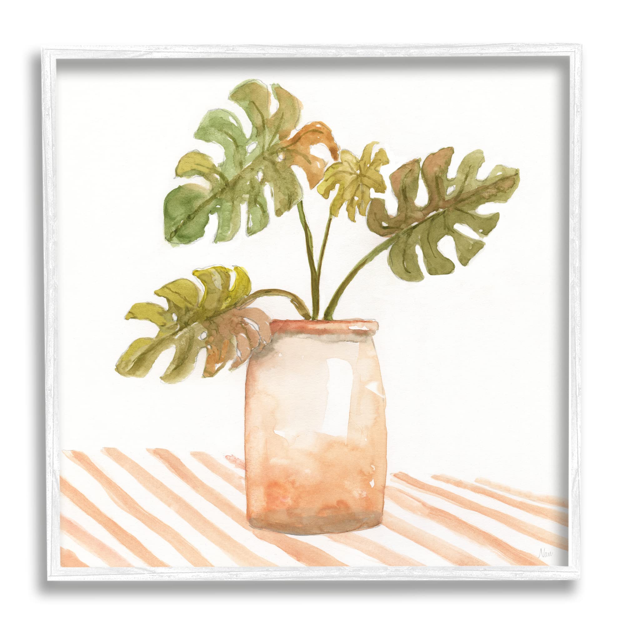 Stupell Industries Monstera Plant Ceramic Glazed Pot with Striped Pattern - Modern Tabletop Planter for Home & Office Decor - Perfect for Living Room, Bedroom, or Desk Plant Display