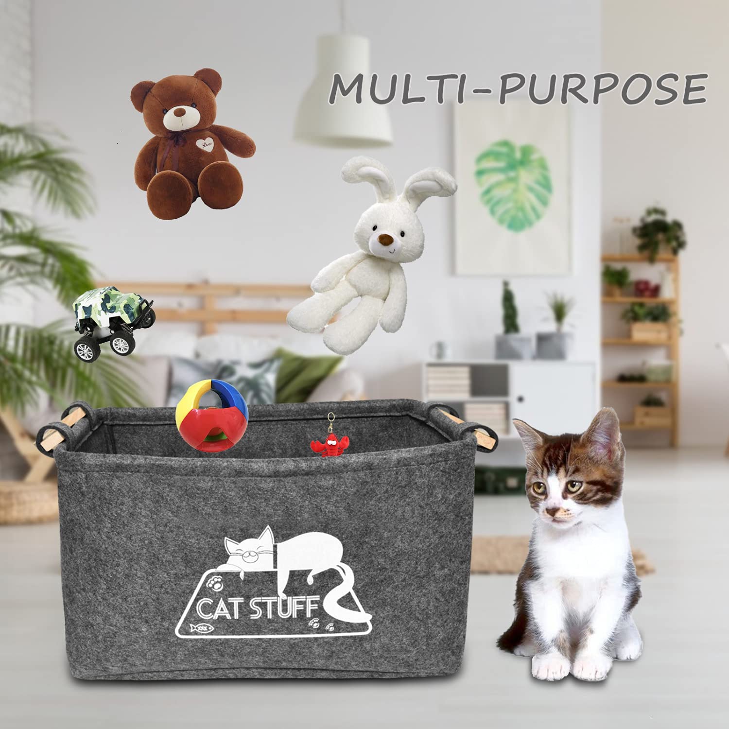 **Cat Toy Storage Basket with Handles - Felt Pet Toy Organizer Bin for Cat Accessories & Supplies - Perfect for Home, Living Room, or Bedroom Pet Toy Organization**