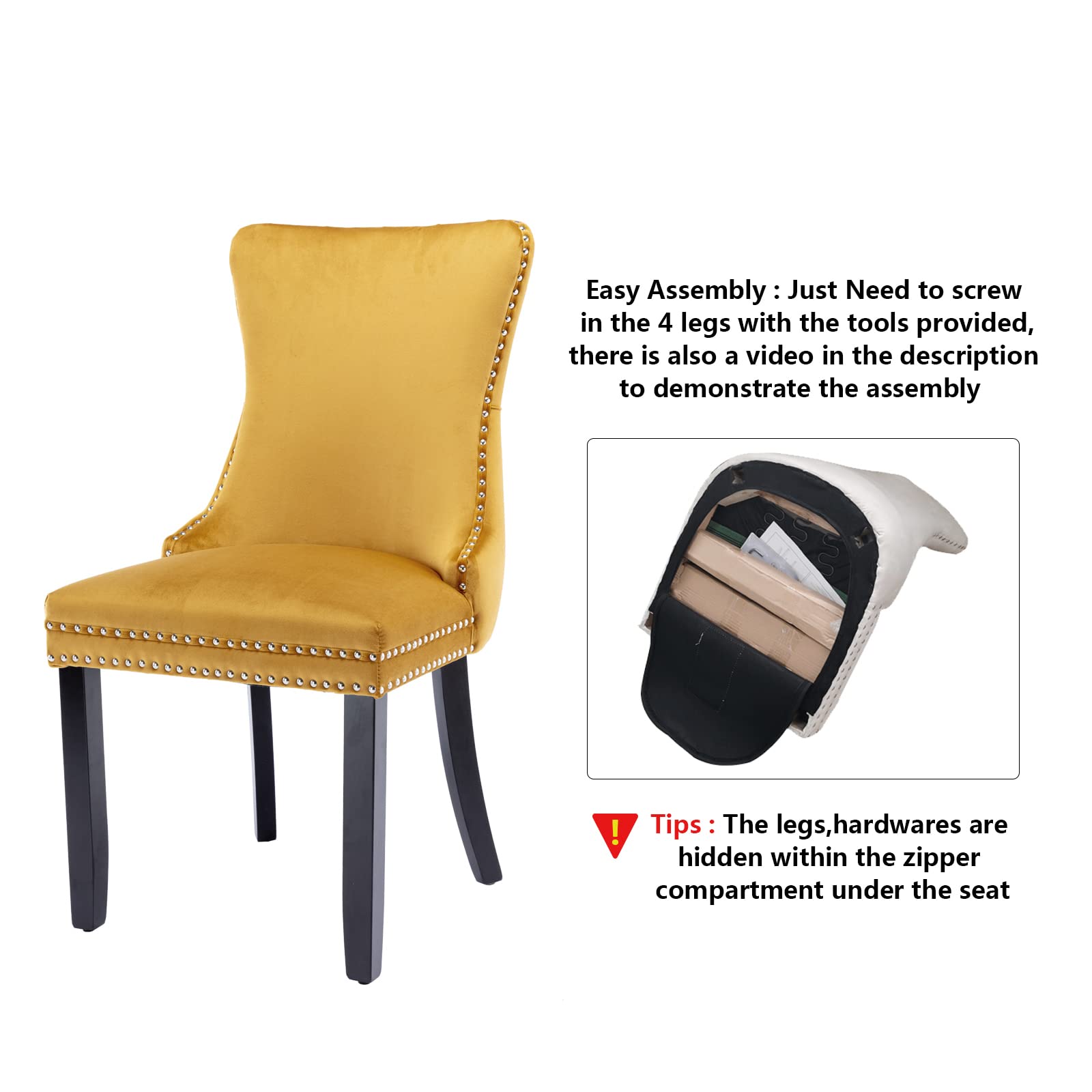 Luxury Velvet Upholstered Dining Chairs Set of 2 - Wingback Accent Chairs with Solid Wood Legs & Nailhead Trim - Elegant Button Tufted Back for Kitchen, Dining Room - Golden Yellow - Perfect for Modern Home Decor & Dinner Parties