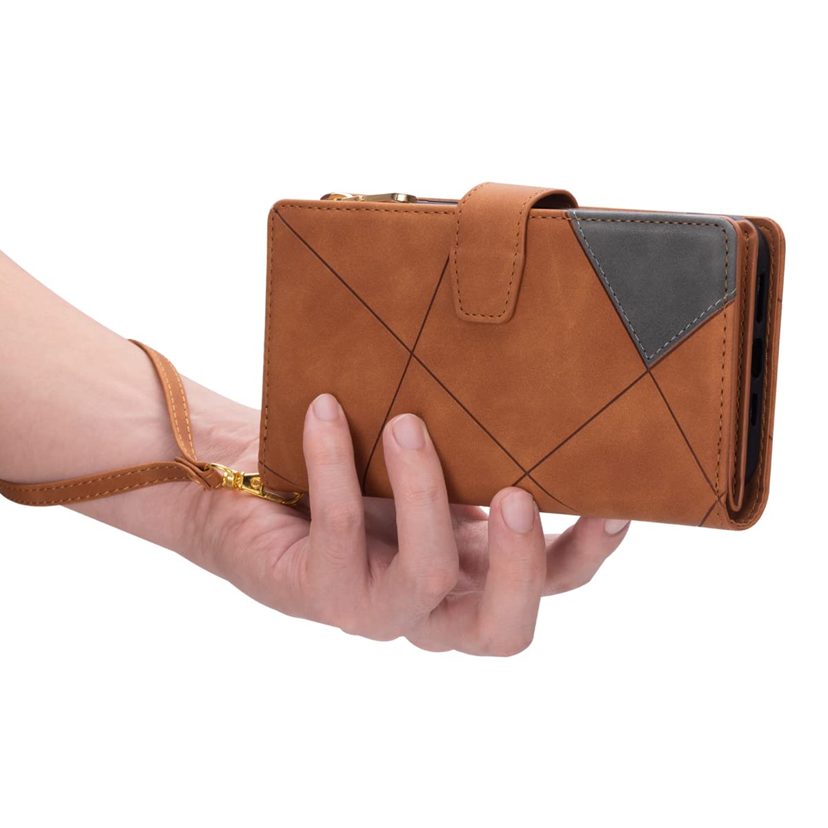 Premium PU Leather Wallet Case for iPhone SE 2022/SE 2020/SE3/SE2/7/8 - Magnetic Zipper Flip Cover with Card Slots, Kickstand & Hand Strap (Brown) | Perfect for Travel, Shopping & Daily Use