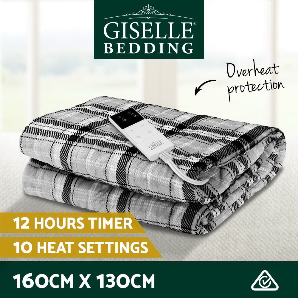 Electric Heated Throw Blanket - Soft Flannel Snuggle Rug, Machine Washable, Grey & White Checkered Plaid - Perfect for Cozy Nights, Living Room Lounging & Winter Warmth
