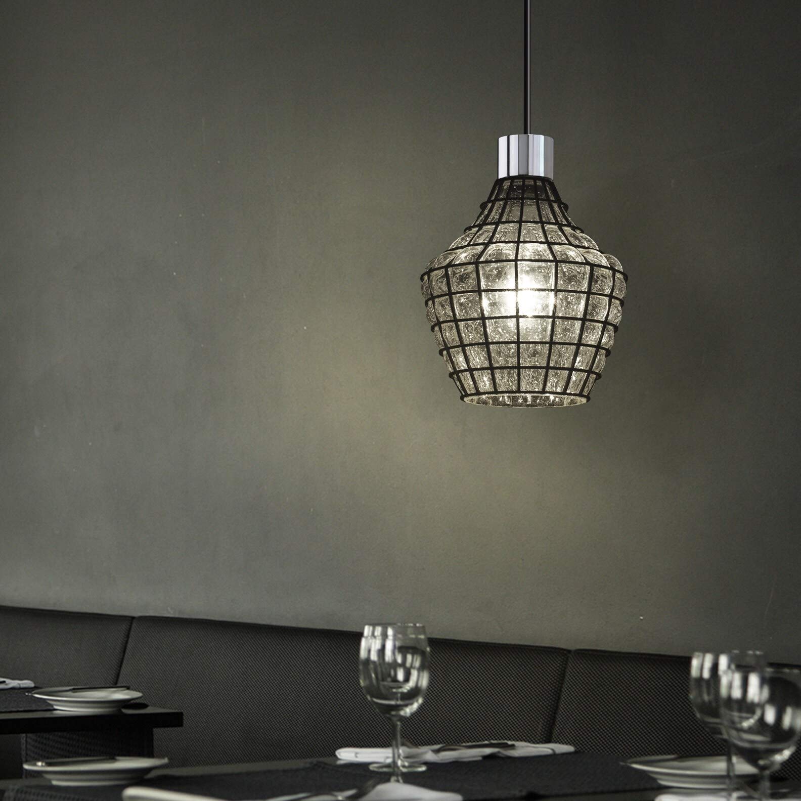Justice Design Wire Glass 1-Light Polished Chrome Pendant Light with Clear Bubbles Shade - Modern Grid Design for Kitchen Island, Dining Room, and Entryway Lighting