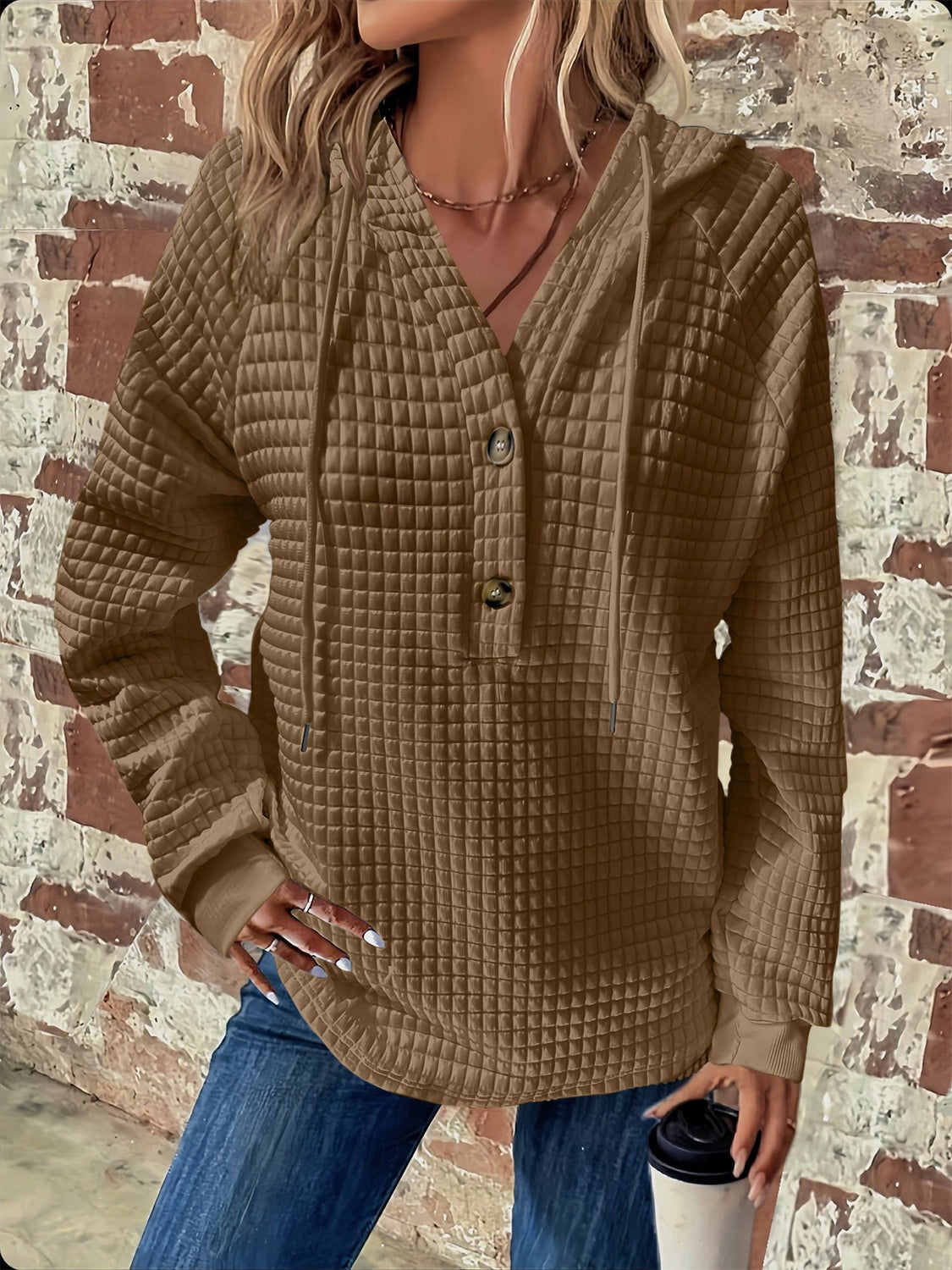Full Size Textured Button Detail Drawstring Long Sleeve Hoodie for Men & Women - Cozy Casual Wear for Fall Winter Outdoor Activities