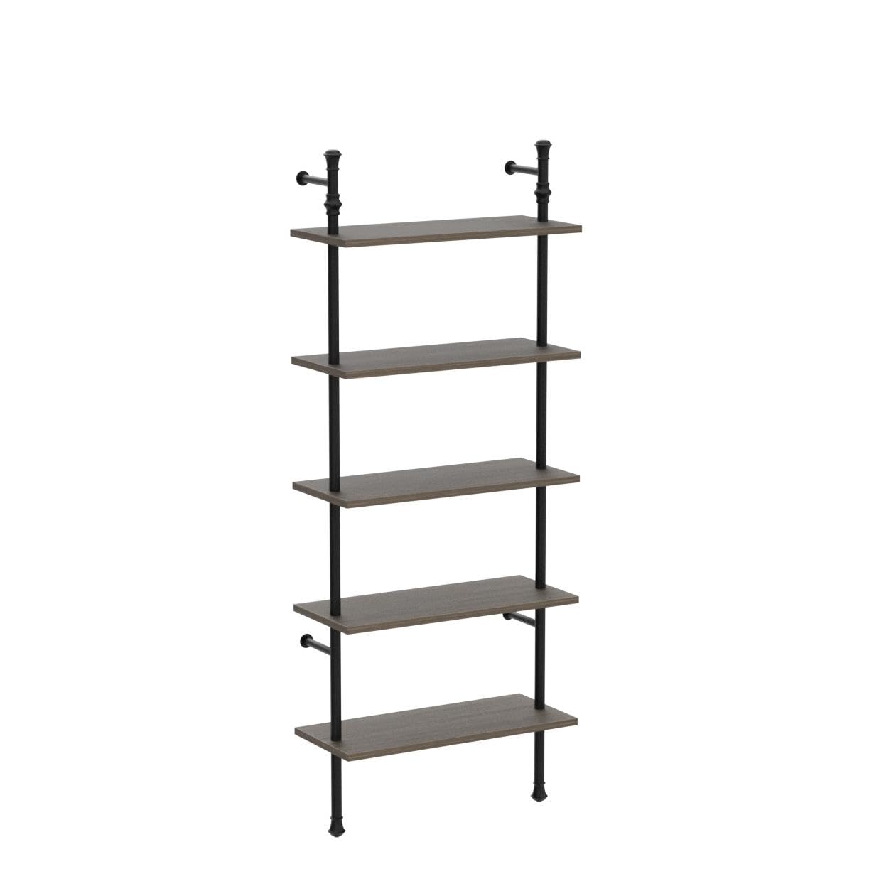 5-Tier Wall Mounted Bookshelf - Industrial Open Display Shelf, Modern Tall Leaning Bookcase for Living Room, Bedroom, Home Office & Kitchen - Oak Gray Finish | Perfect for Organizing Books, Decor & Storage in Small Spaces