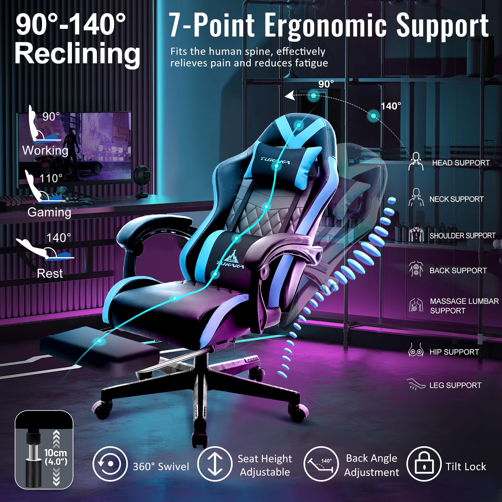 Ergonomic Gaming Chair with Massage & Footrest - Reclining Leather Office Desk Chair with Pocket Spring Cushion, Adjustable Headrest & Lumbar Support - Blue | Perfect for PC Gaming, Home Office & Streaming Setup