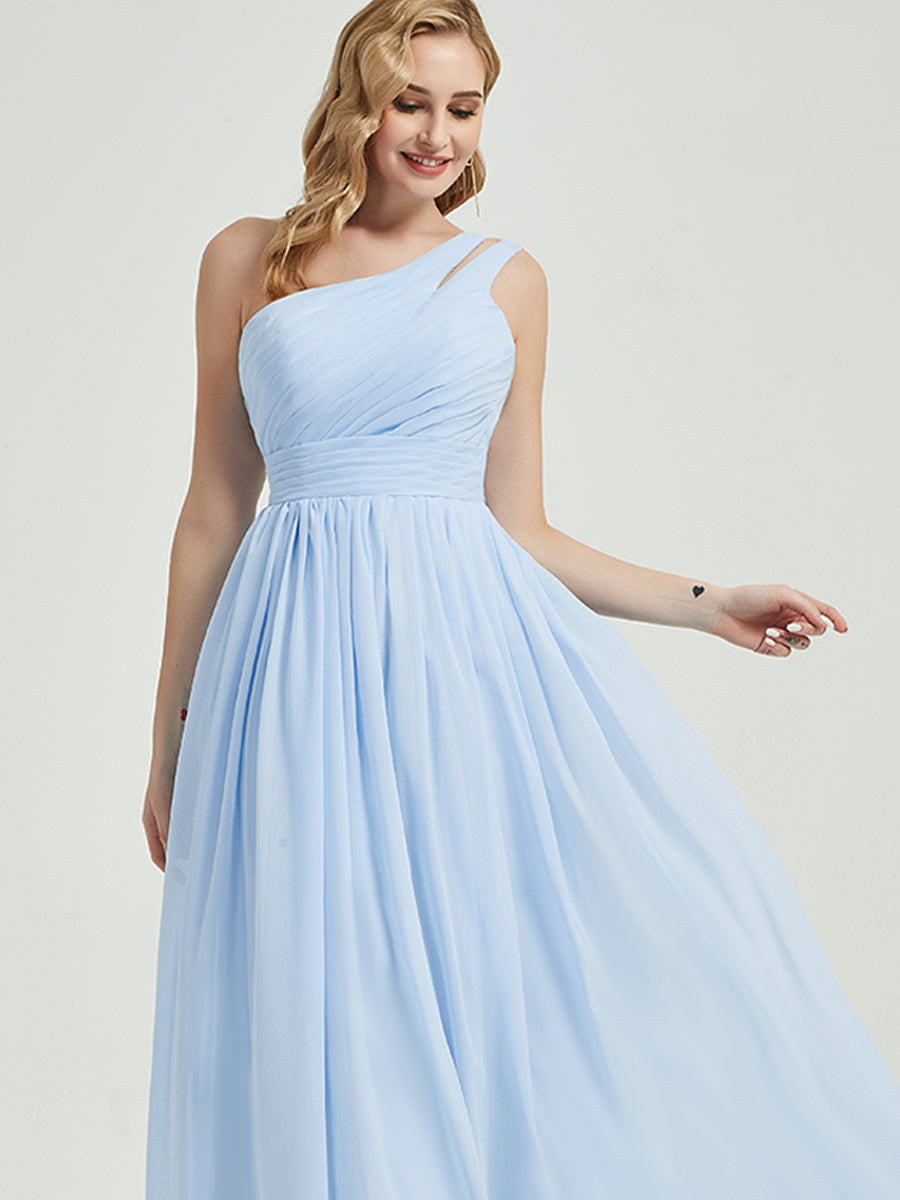Elegant Cornflower Blue One Shoulder Floor Length Chiffon Bridesmaid Dress for Weddings & Formal Events - Perfect for Bridal Party & Evening Occasions