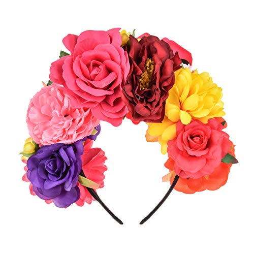 Vividsun Mexican Rose Flower Crown for Day of The Dead - Handmade Floral Headpiece for Women, Festival Costume Accessory, Halloween, Dia de Los Muertos Celebration