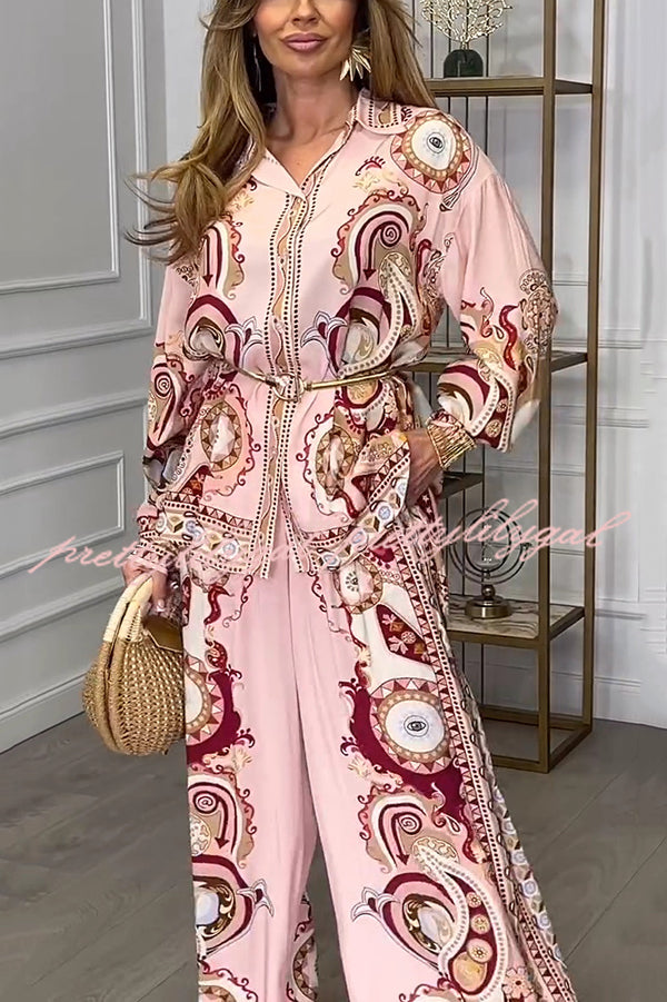 Stylish Print Lapel Long Sleeve Tie Waist Blouse & Elastic Waist Pocket Wide Leg Pants Outfit Set | Women's Fashion Two-Piece Ensemble for Office, Casual Wear & Special Occasions