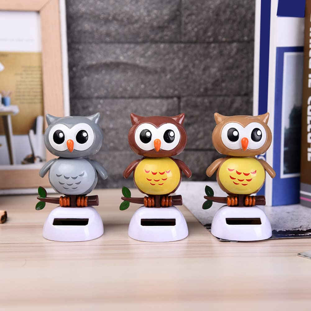 Car Owl Figurines - Solar Powered Shaking Head Dashboard Ornament, Beige Animal Dancing Statue Doll for Car Interior Decoration, Perfect Gift for Car Enthusiasts and Office Desk Decor