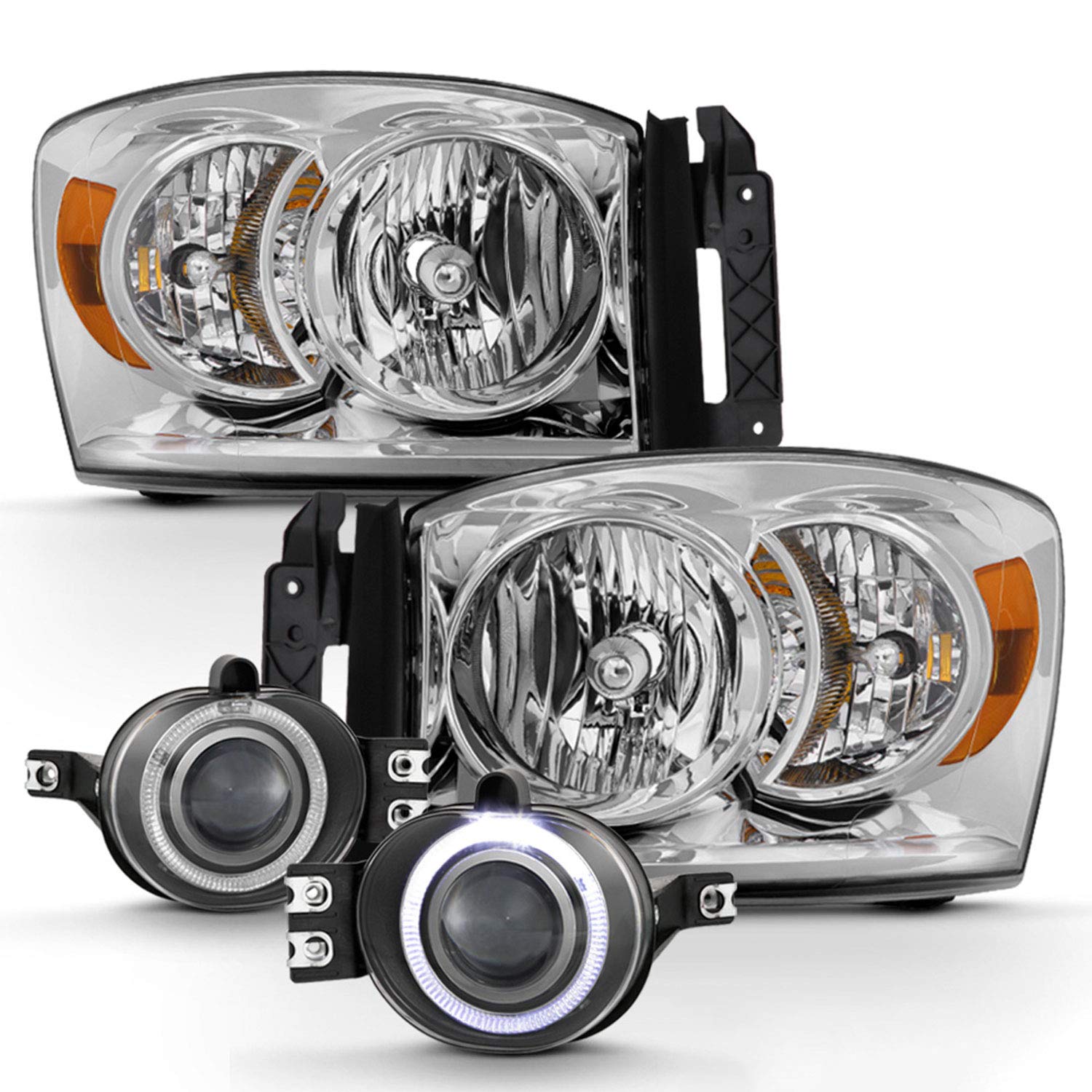 AKKON Chrome LED Halo Projector Headlights & Clear Fog Lamps for 2007-2008 Dodge Ram 1500, 2007-2009 Ram 2500/3500 - Upgrade Your Truck's Style & Night Visibility