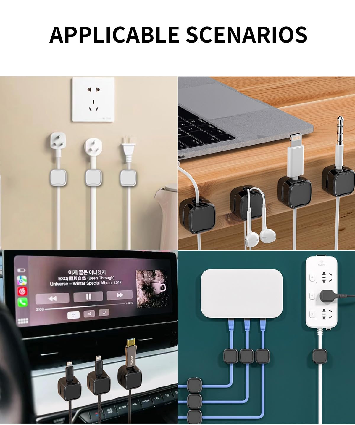 8-Pack Magnetic Cable Clips & Silicone Cable Ties - Adjustable Cord Organizer for Under Desk, Wall, Car & Nightstand - Adhesive Wire Holder for Home & Office Cable Management (Perfect for Organizing Chargers, Headphones & Computer Wires)