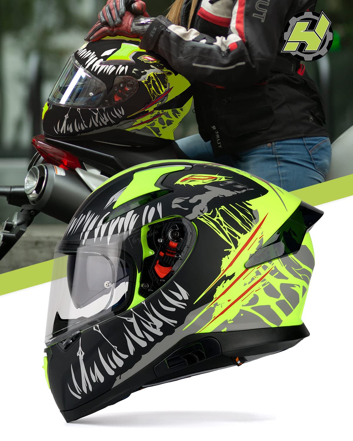 HAX Full Face Motorcycle Helmet DOT Approved - Lightweight & Durable Dual Rear Wing Design, Pinlock Ready Street Bike Helmet for Adults (Impulse Devour Yellow, XL) - Perfect for Urban Commuting & Long-Distance Riding