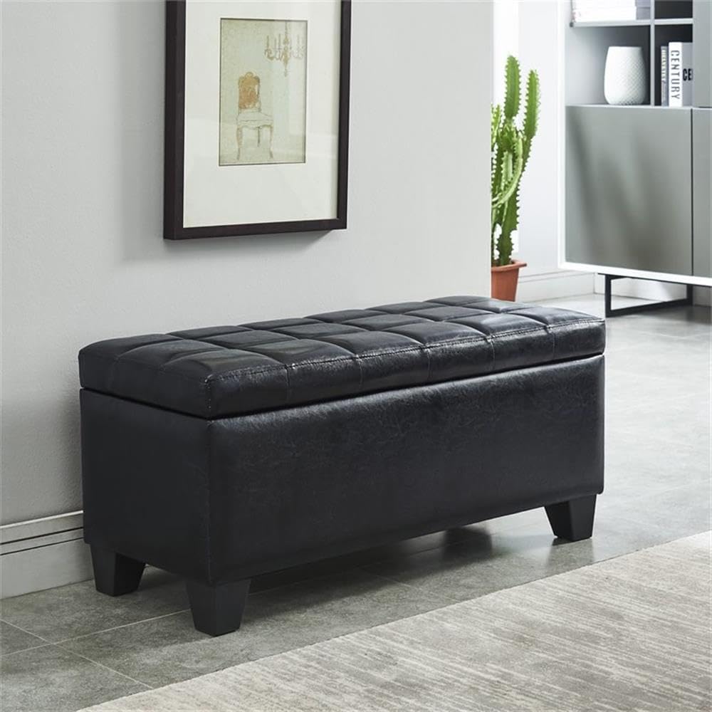 Black Upholstered Storage Ottoman with Lift Top - Modern Footrest Bench for Living Room, Bedroom & Office - Extra Seating & Hidden Storage Space