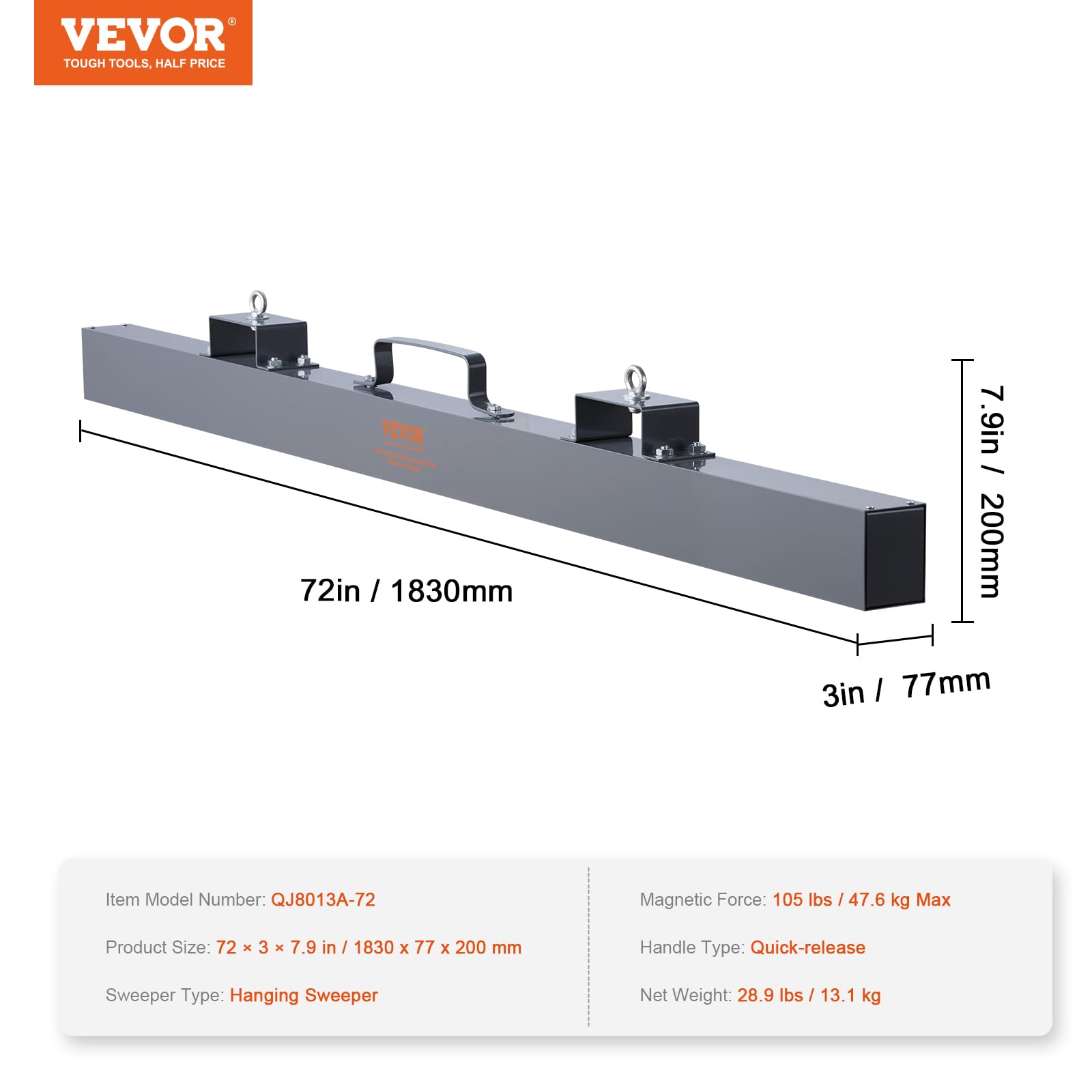 Mophorn 72 Inch Magnetic Sweeper - 89 LBS Heavy Duty Hanging Magnet for Forklifts | Industrial Strength Steel Magnet for Collecting Nails, Bolts & Iron Chips | Perfect for Construction Sites, Warehouses & Metal Workshops