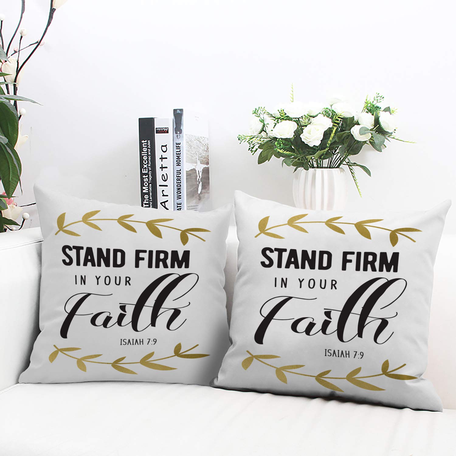 Faith Hope Love Inspirational Christian Decorative Pillow Covers - Gold Black White Square 16x16 Inch Set of 2 - Sofa Bedroom Car Throw Pillow Covers for Home Decor & Gift Giving