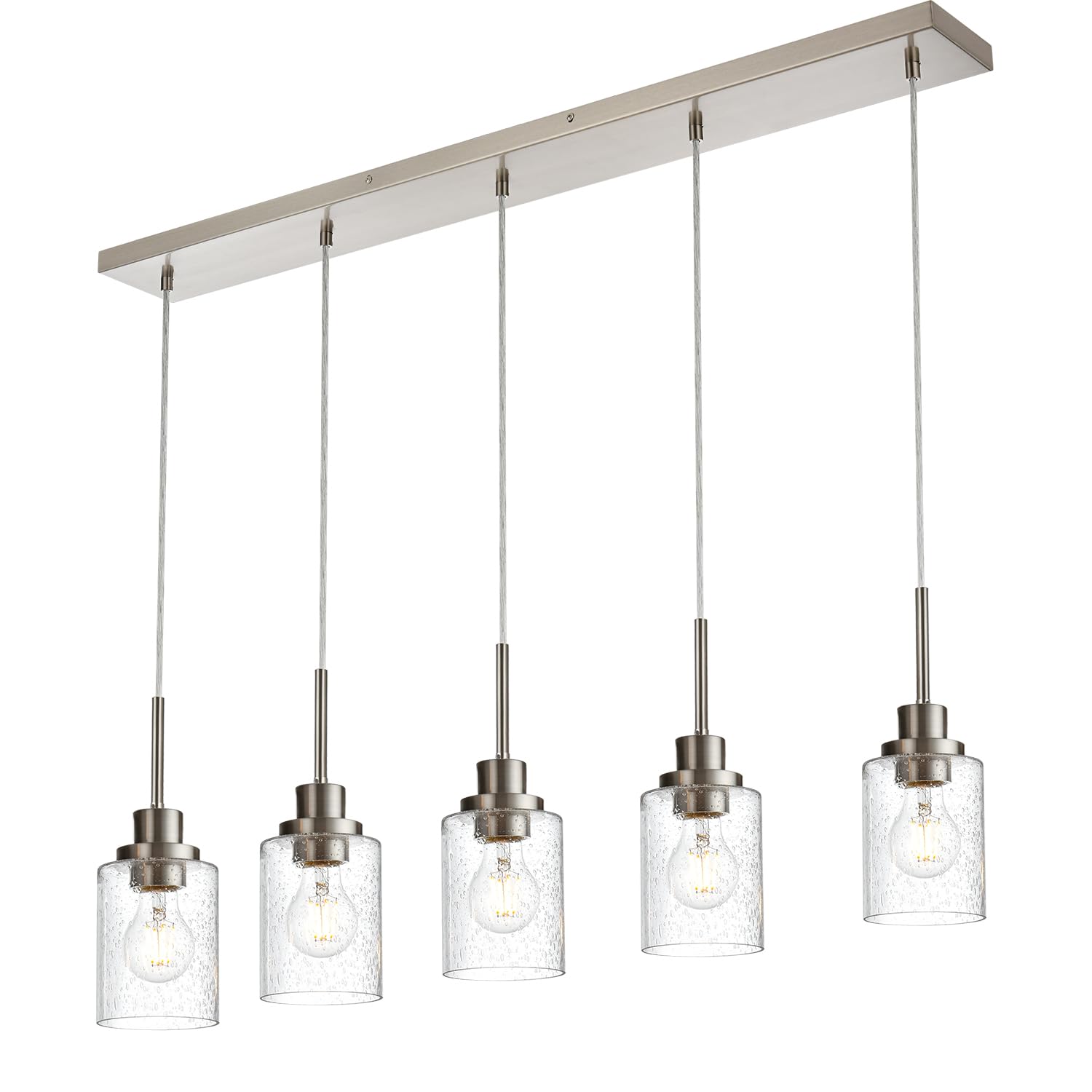 Modern Brushed Nickel Linear Chandelier - 5-Light Farmhouse Pendant Lighting with Clear Seeded Glass for Dining Room, Kitchen Island & Living Room | Contemporary Ceiling Light Fixture for Home Decor