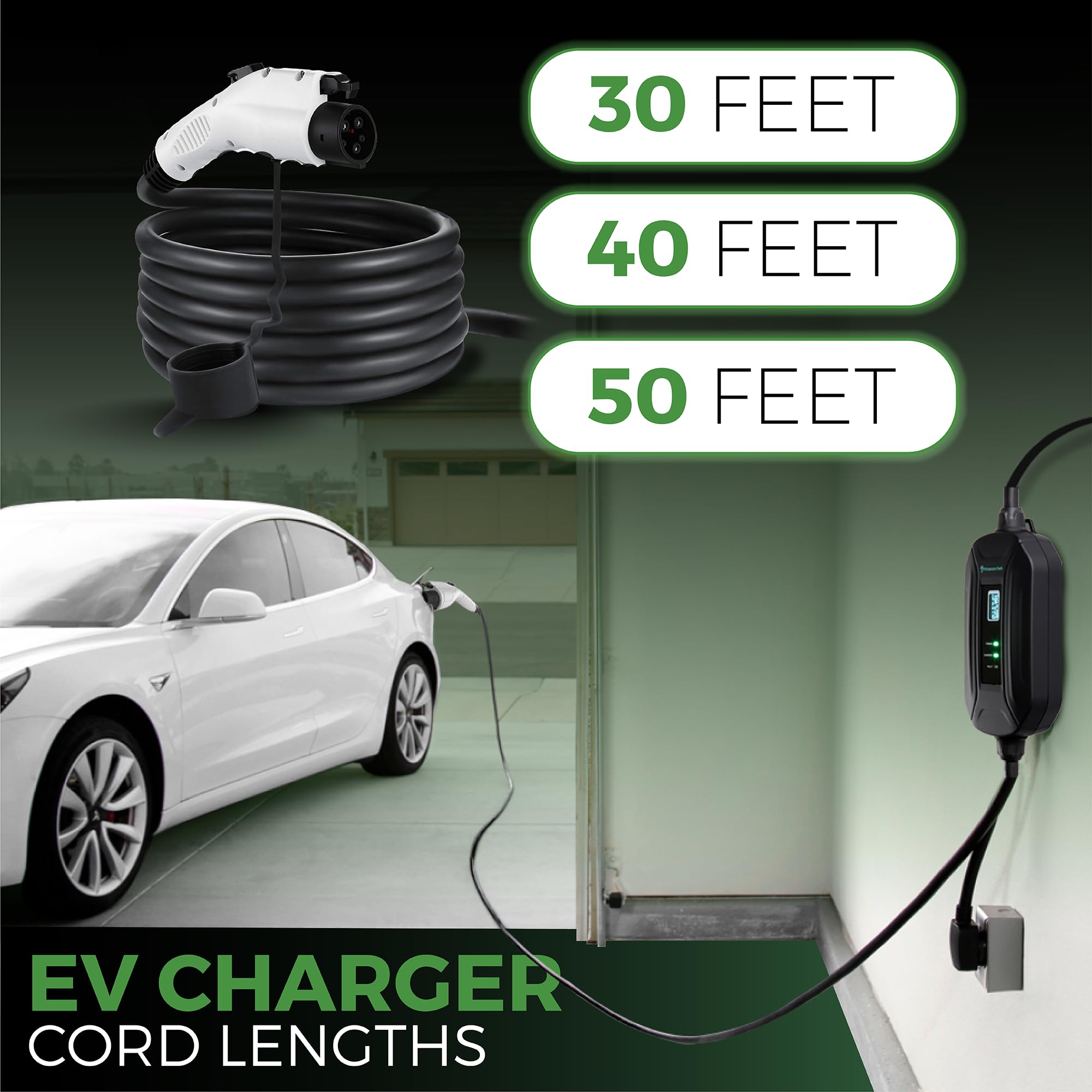 PRIMECOM Level 2 EV Charger 16A 240V - Portable Smart Car Charger for Home & Travel (30ft)