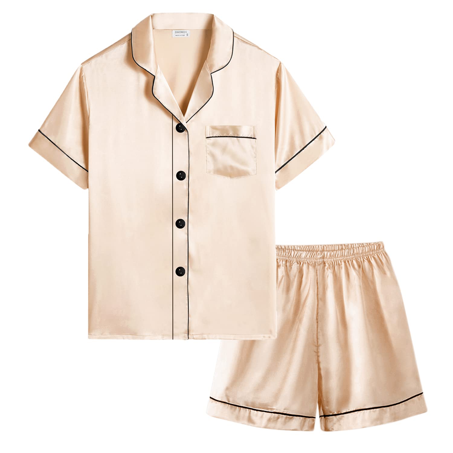 SWOMOG Kids Silk Satin Pajamas Set for Girls & Boys - Soft Button-Down Sleepwear, Short Sleeve 2-Piece PJs, Comfortable Lounge Wear - Perfect for Bedtime, Sleepovers & Relaxing at Home