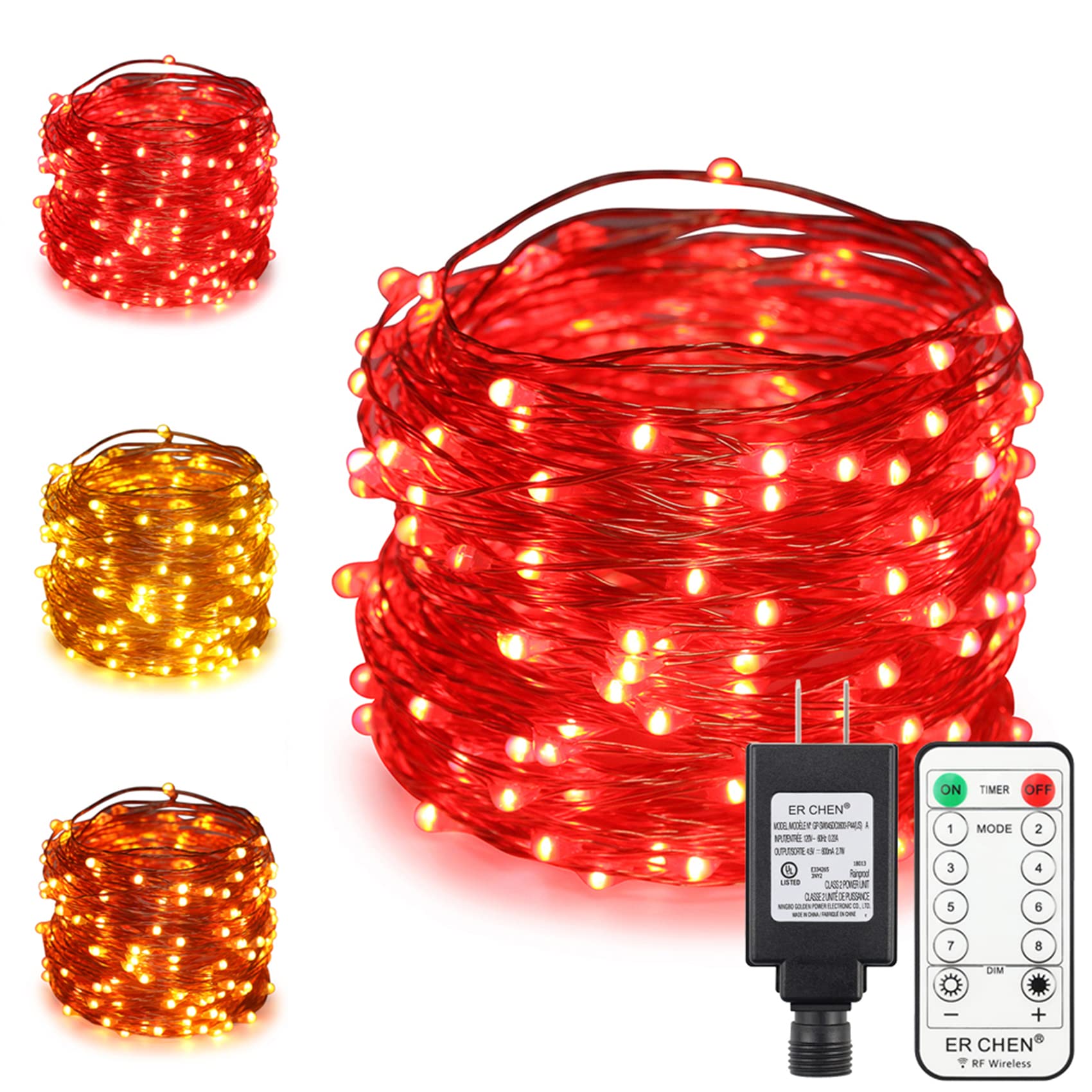 Dual-Color LED String Lights 66ft - 200 LED Plug-in Copper Wire Fairy Lights with Remote & Timer, 8 Modes Dimmable for Indoor/Outdoor Christmas Decor, Party, Wedding, Garden (Red/Warm White)