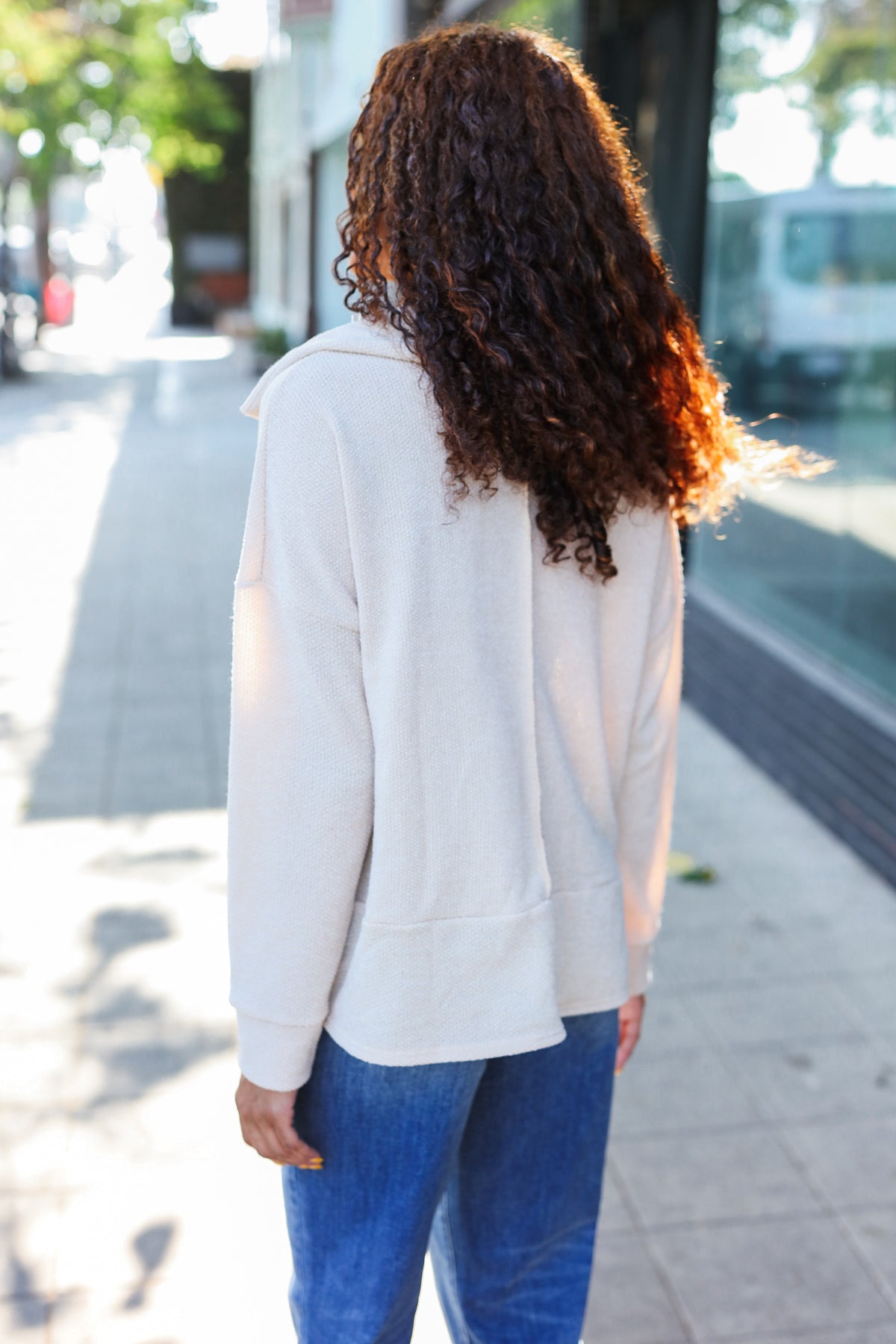 Easy Living Oatmeal Textured Knit Notch Neck Oversized Collar Sweater - Cozy Oversized Women's Knitwear for Fall & Winter | Perfect for Casual Outfits, Coffee Dates and Weekend Relaxation