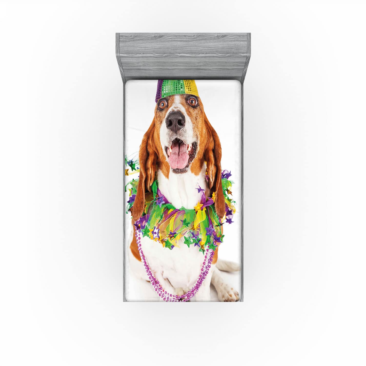 Happy Basset Hound Fitted Sheet - Twin Size Dog Lover Bedding for Mardi Gras