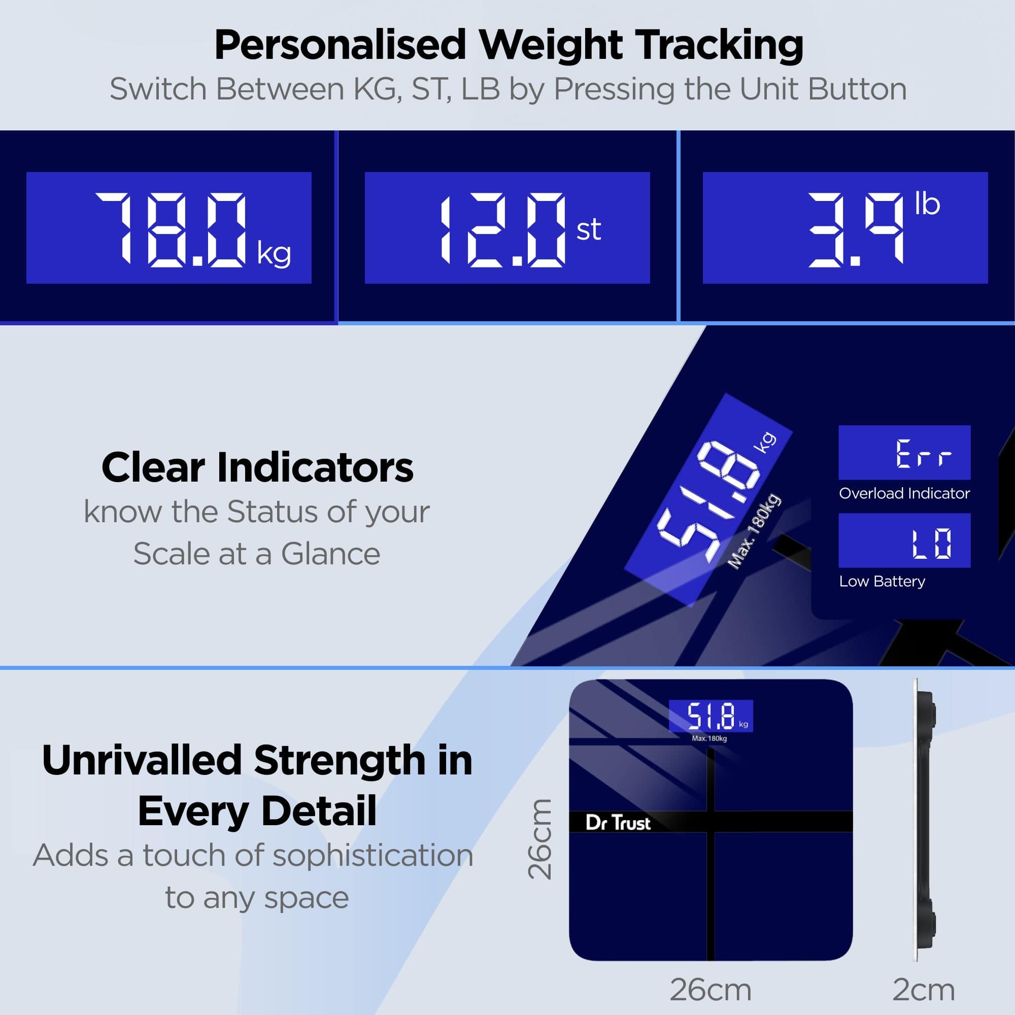 Dr Trust USA Digital Body Weight Scale - Rechargeable Electronic Bathroom Scale for Home Use, Accurate Weight Measurement for Health & Fitness Tracking - Perfect for Daily Weigh-Ins & Weight Management
