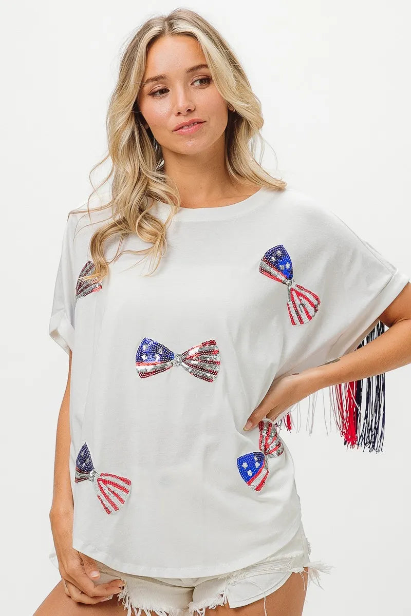 BiBi Patriotic American Flag Sequin Ribbon T-Shirt - Stylish USA Pride Top for Women, Perfect for 4th of July, Memorial Day & Independence Day Celebrations