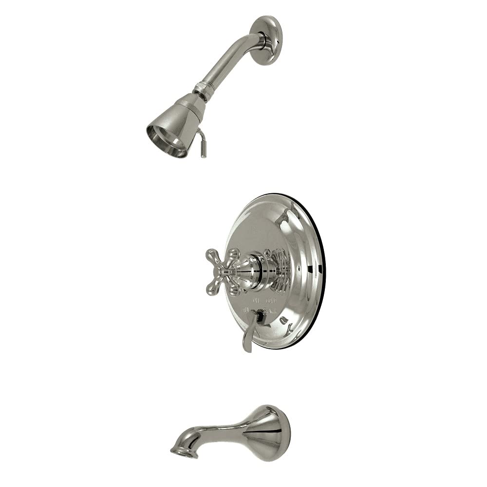 Kingston Brass KB36380AX Restoration Tub and Shower Faucet with Metal Cross Handle - Brushed Nickel Finish | Vintage Bathroom Fixture for Classic Home Renovation & Spa-Like Shower Experience