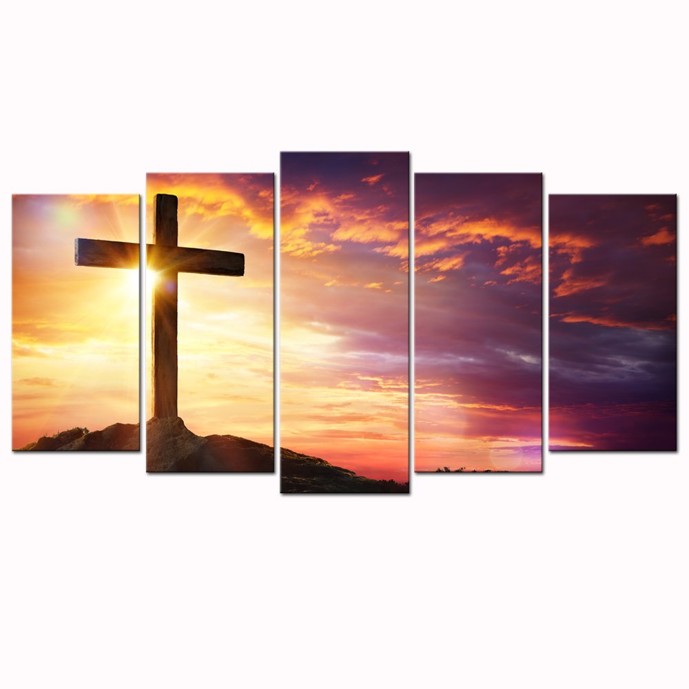 5 Large Christian Cross Sunset Canvas Prints - Framed Wall Art for Living Room, Home Decor, Ready to Hang | Religious Artwork, Bedroom & Office Decor