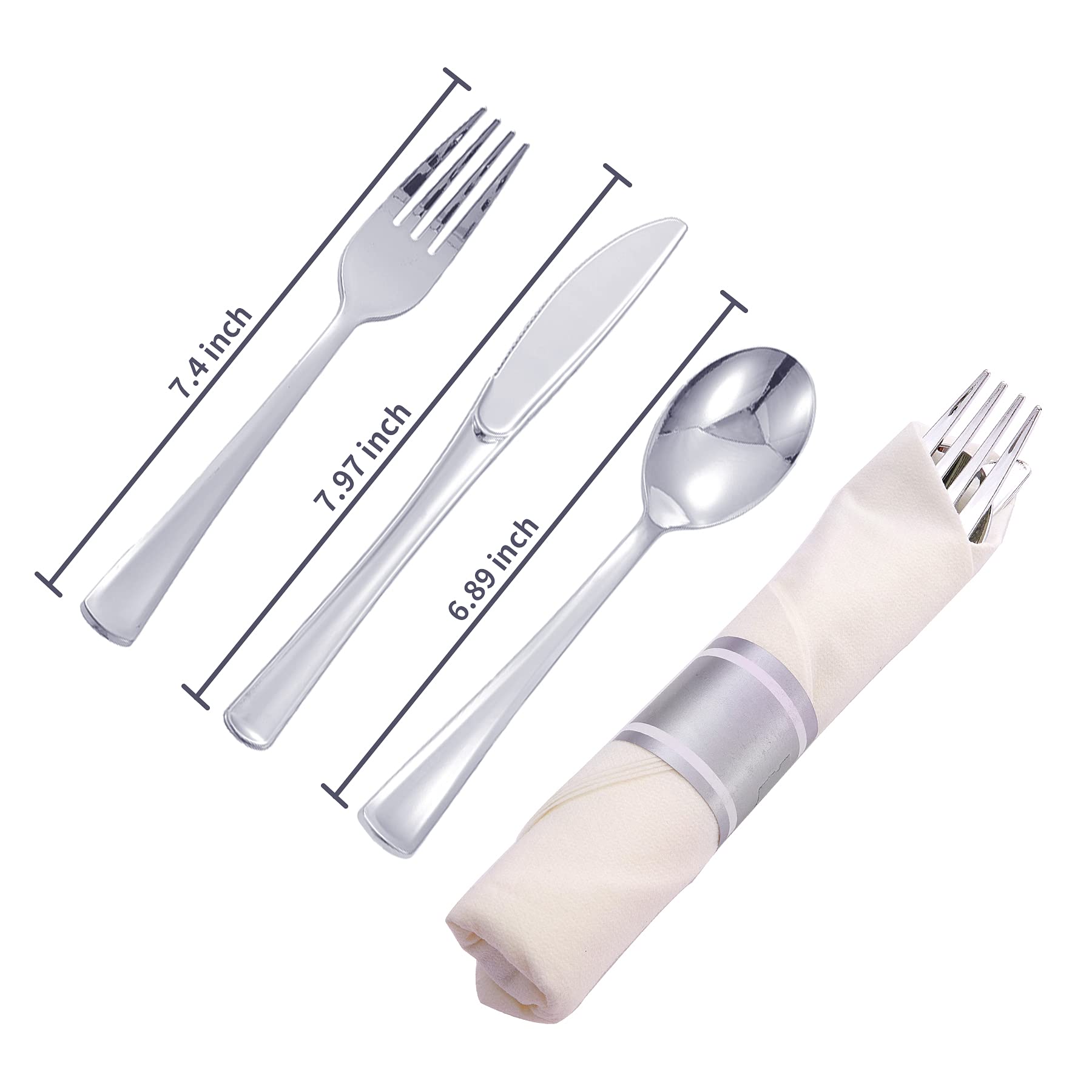 75-Piece Disposable Silver Plastic Cutlery Set - 25 Forks, 25 Knives, 25 Spoons with Napkins | Elegant Modern Flatware for Parties, Weddings, Catering & Events | Perfect for Home Dining, Picnics, Office Lunches & Special Occasions