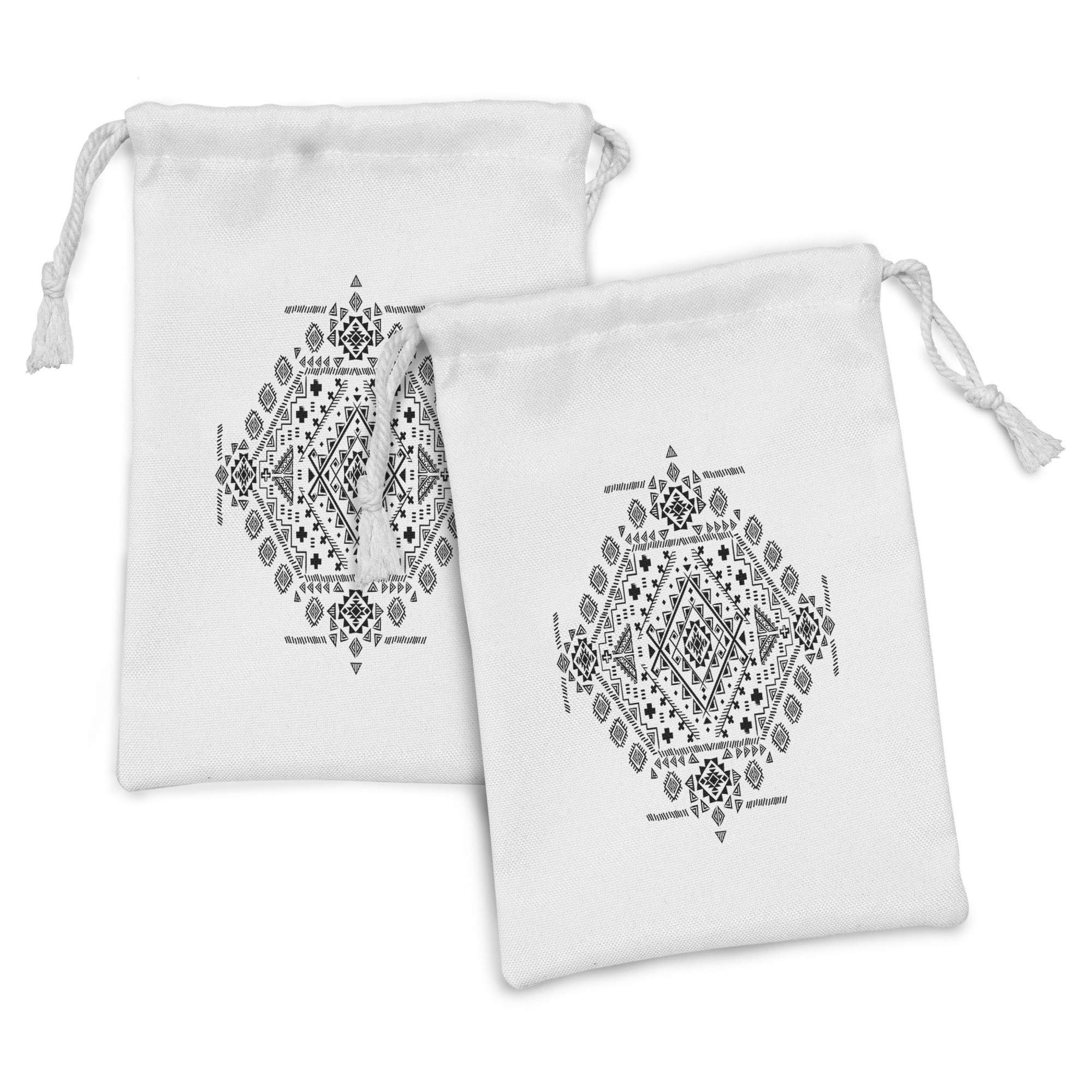 Ambesonne Mexican Fabric Pouch Set of 2 - Mayan Geometric Triangle Line Square Print Small Drawstring Bags (9