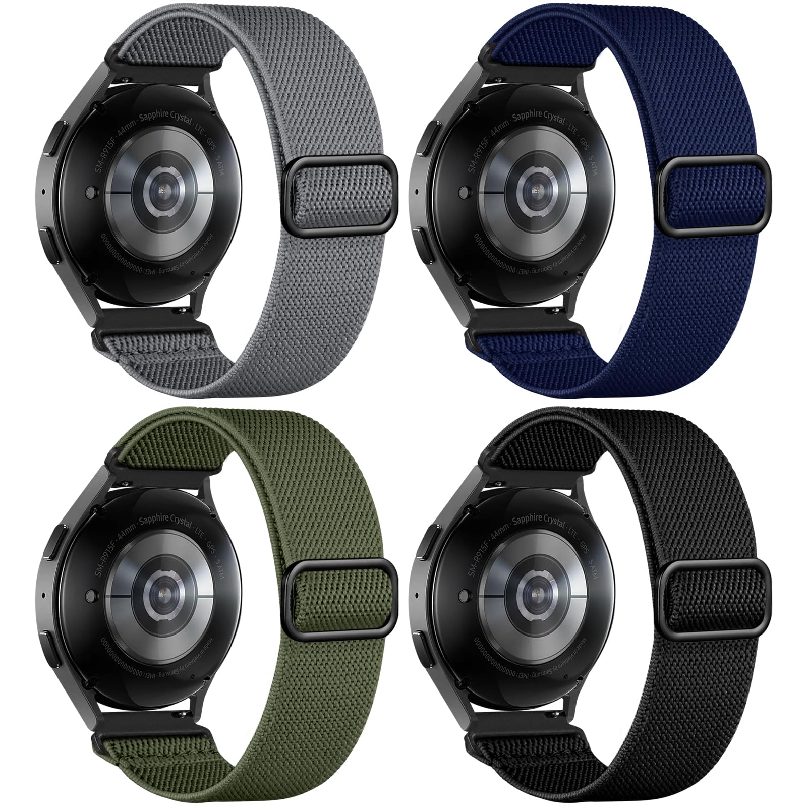 DaQin 4 Pack Stretchy Nylon Solo Loop Bands for Samsung Galaxy Watch 7/6/5/4/Classic/Active 2 - 20mm Soft Adjustable Sport Strap - Perfect for Workouts, Running & Daily Wear