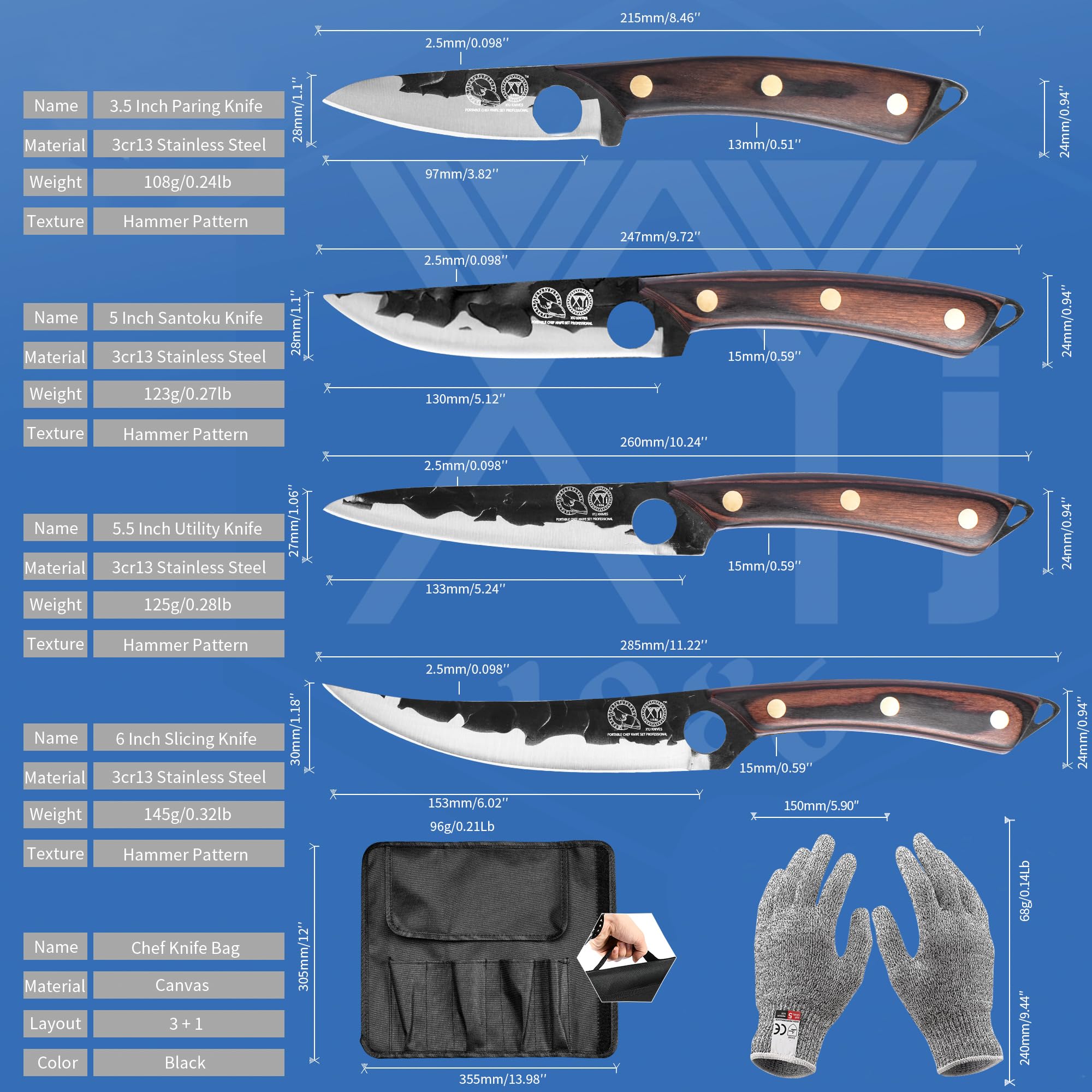 XYJ Professional Kitchen Knife Set - 6-Piece High-Carbon Stainless Steel Forged Chef Knives with Full Tang Design (Chef Knife, Cleaver, Carving Knife, Nakiri) Includes Carrying Case & Poultry Shears - Perfect for Home Cooking, Professional Chefs & Culinary Enthusiasts