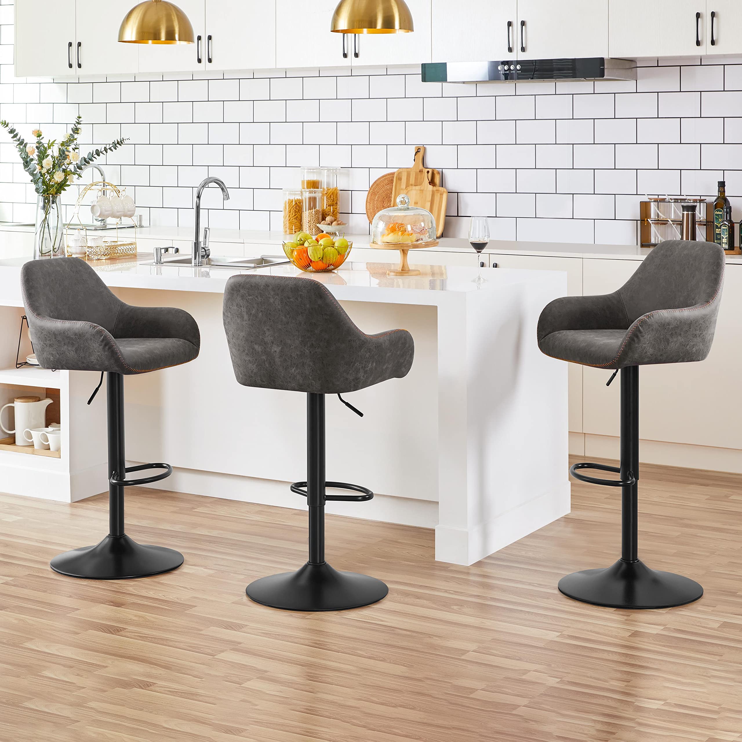 Yaheetech 2-Pack Adjustable Swivel Bar Stools with PU Leather Seat, Backrest & Footrest - Counter Height Kitchen Island Stools for Home, Cafe & Bar (Grey) - Perfect for Breakfast Nooks, Entertaining & Small Spaces