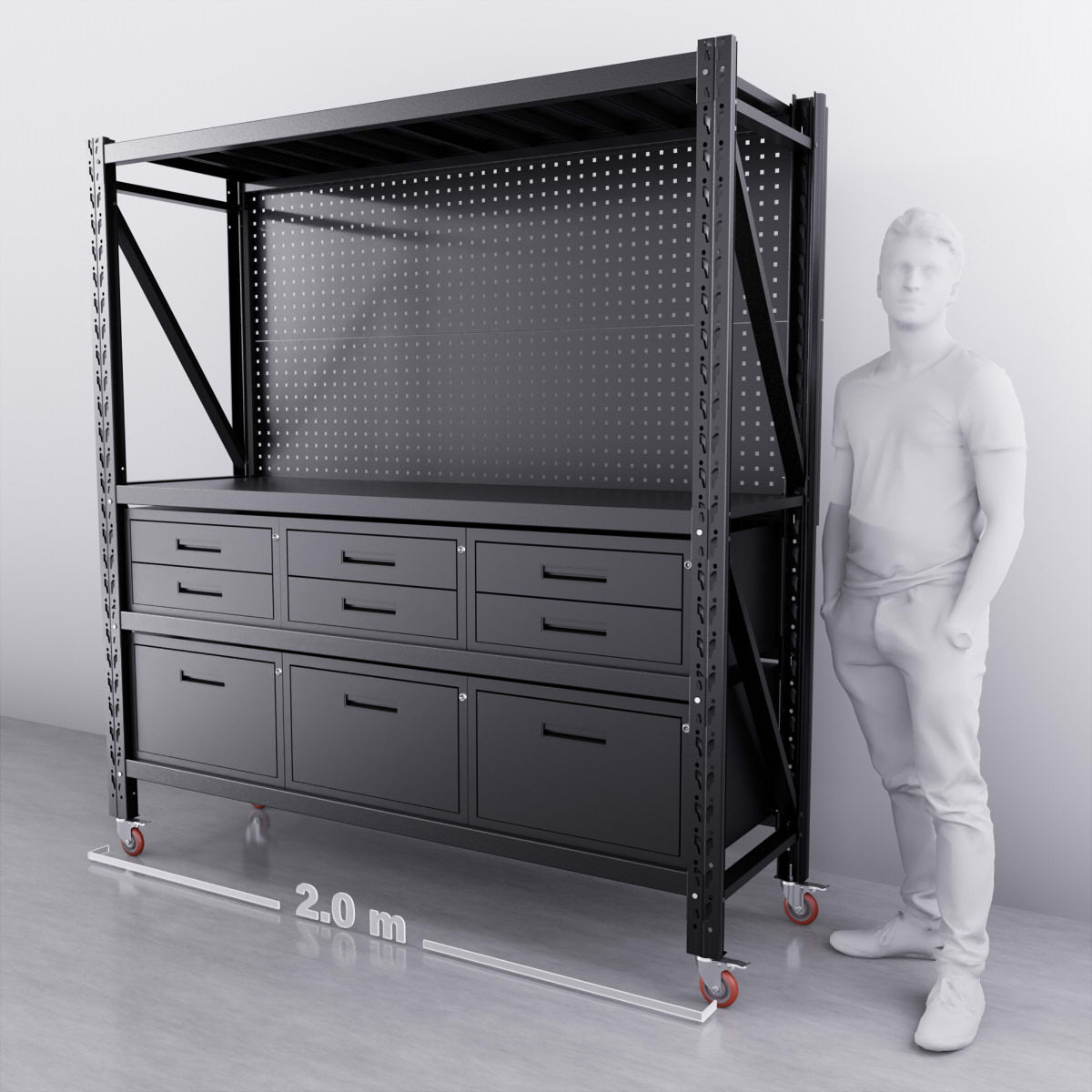 2m (6.5ft) 9-Drawer Steel Pegboard Workbench with Tool Organizer - Perfect for Garage, Workshop & DIY Projects