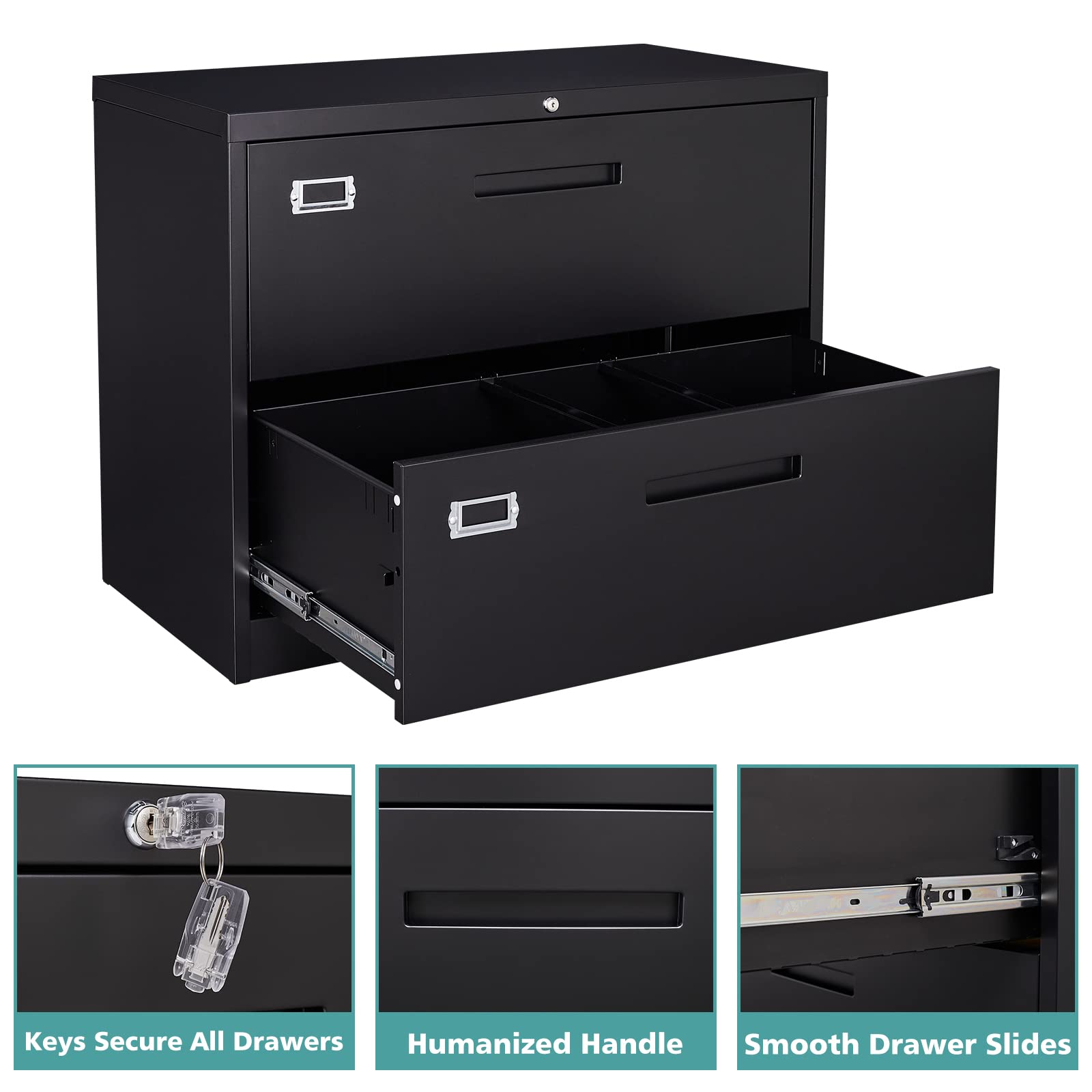 MIIIKO 2 Drawer Lateral File Cabinet - Black Metal Filing Cabinet with Lock, 35.4