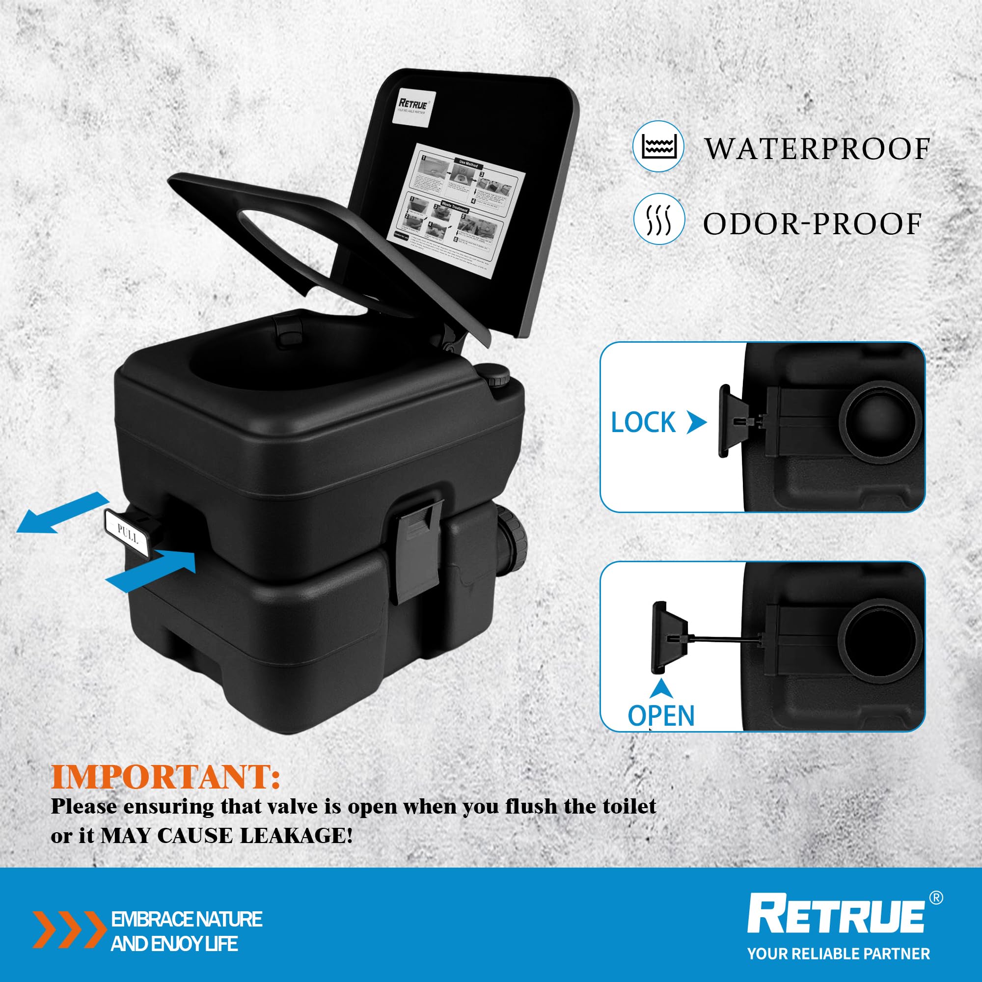 RETRUE 5.3 Gallon Portable Camping Toilet - Leak-Proof Travel Porta Potty with Detachable Waste Tank & Upgraded Flush Pump | Ideal for RV, Boat, Camping & Outdoor Adventures | Perfect for Road Trips, Hiking & Emergency Preparedness
