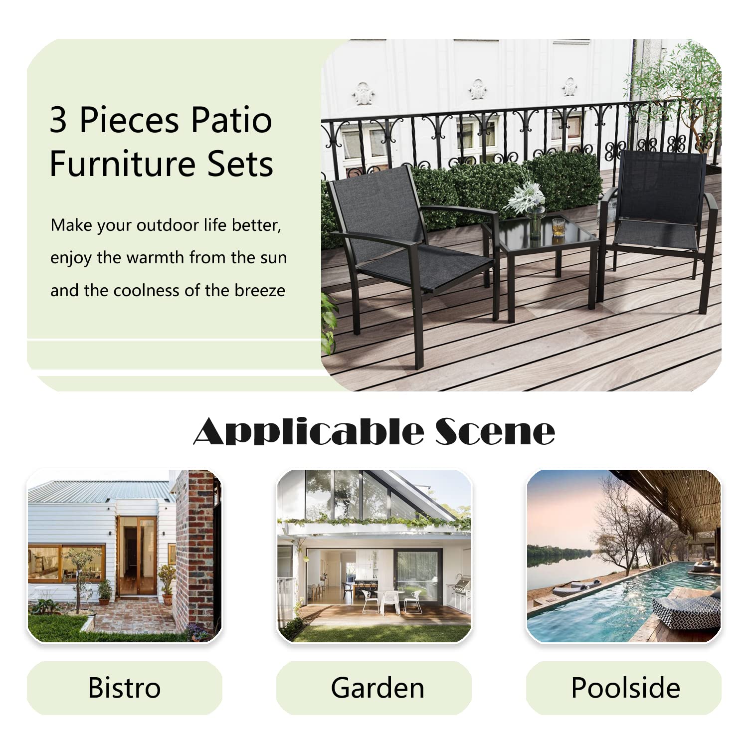 Greesum 3-Piece Outdoor Patio Furniture Set with Textilene Fabric Chairs & Glass Coffee Table - Perfect for Lawn, Garden, Balcony, Poolside Relaxation and Entertaining