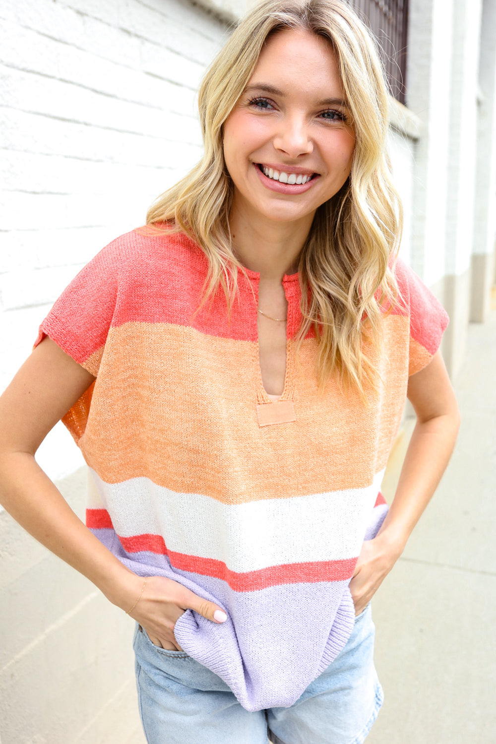 Coral Notched Neck Drop Shoulder Sweater Top for Women - Elegant Loose Fit Knit Pullover for Casual Outings & Date Nights