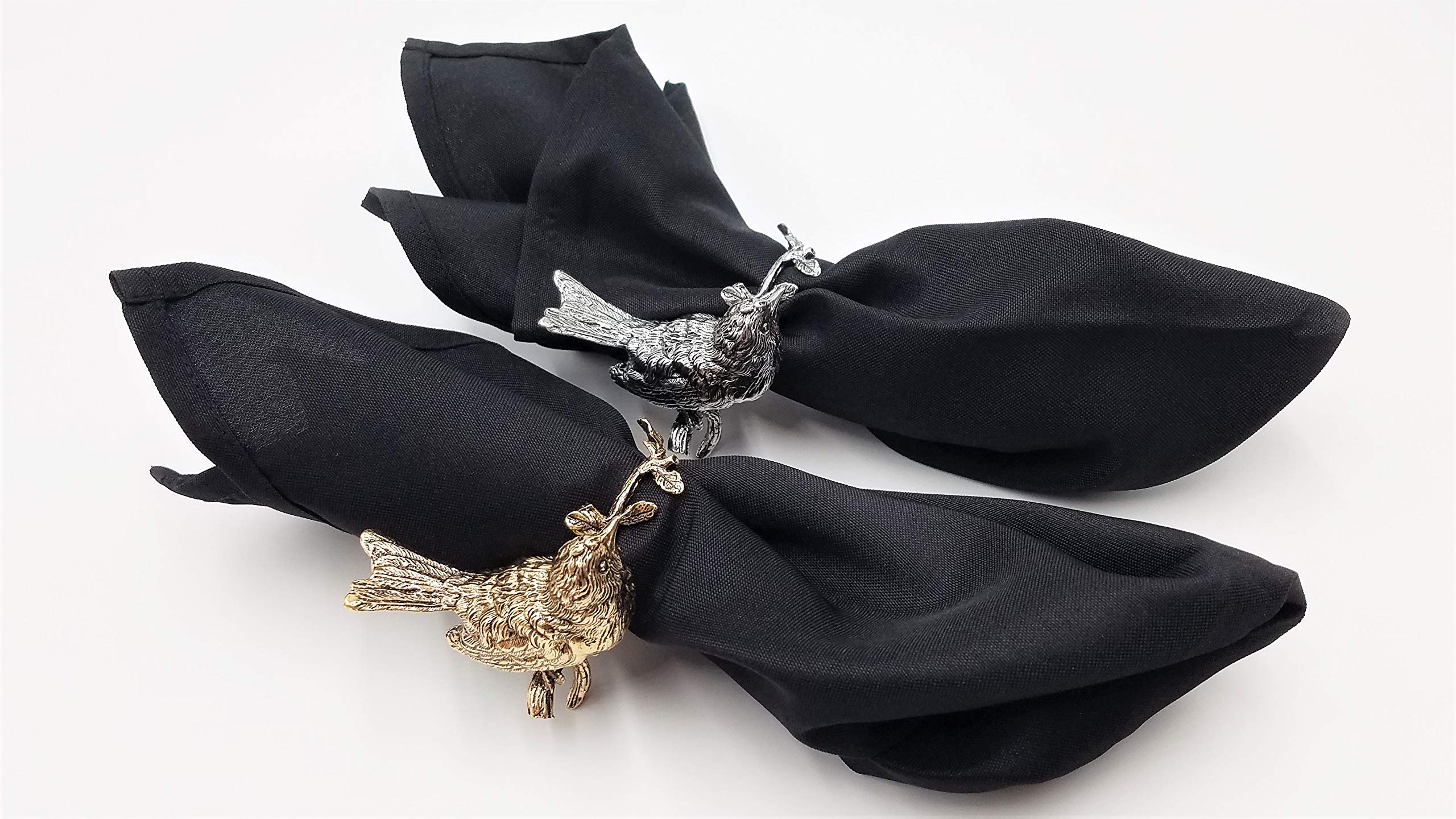 Antique Gold Metallic Napkin Rings Set of 4 - Bird & Circular Branch with Leaves Design - Elegant Tableware for Dinner Parties, Weddings, and Holiday Place Settings