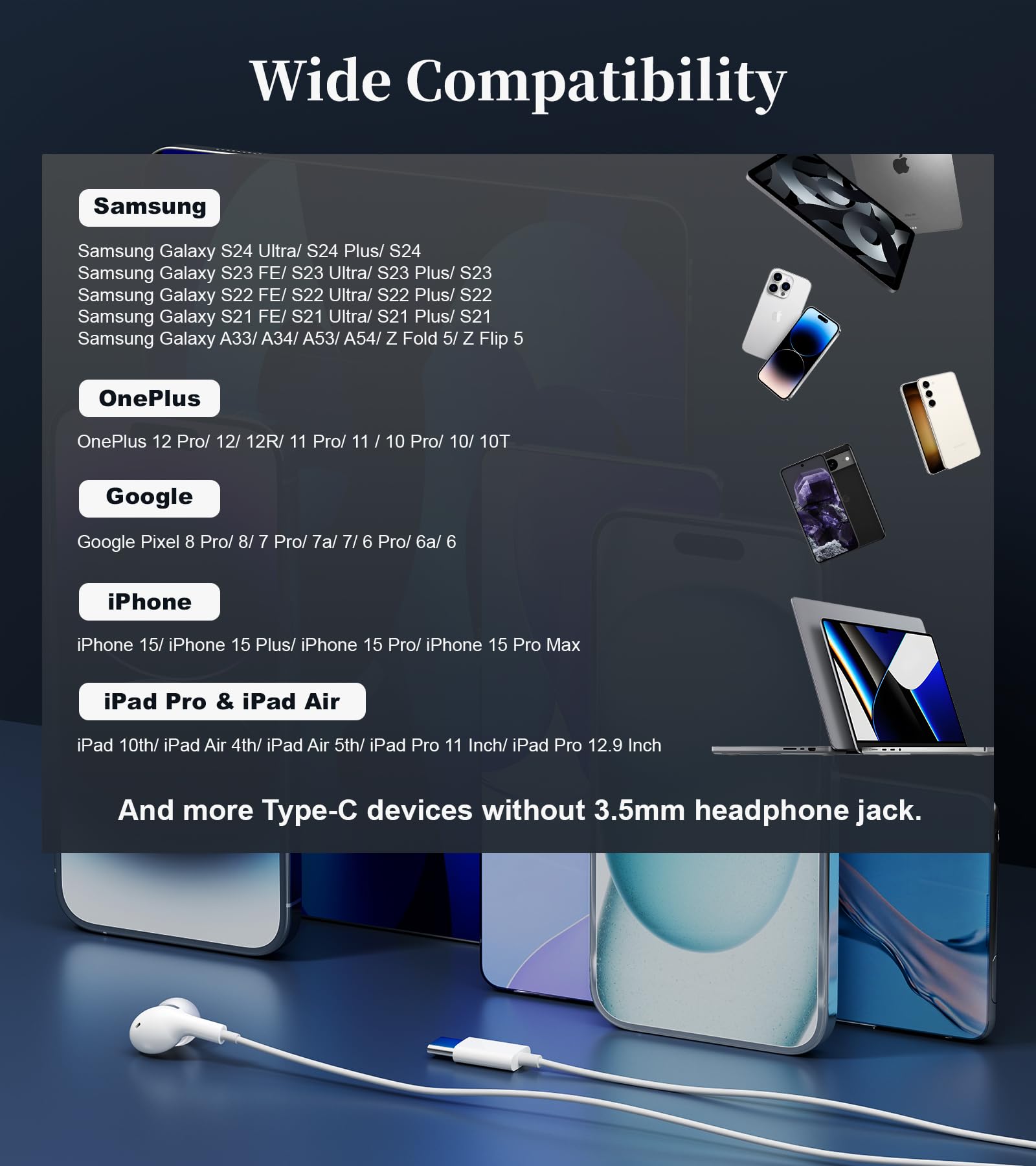 USB C Headphones with Microphone - Wired Type C Earphones Compatible with iPhone 15, iPad 10, Samsung Galaxy S25/S24/S23 Ultra, A16/A55/A54/A35, Google Pixel 8a/8 Pro & iPad Pro 2024 - Perfect for Gaming, Music & Calls