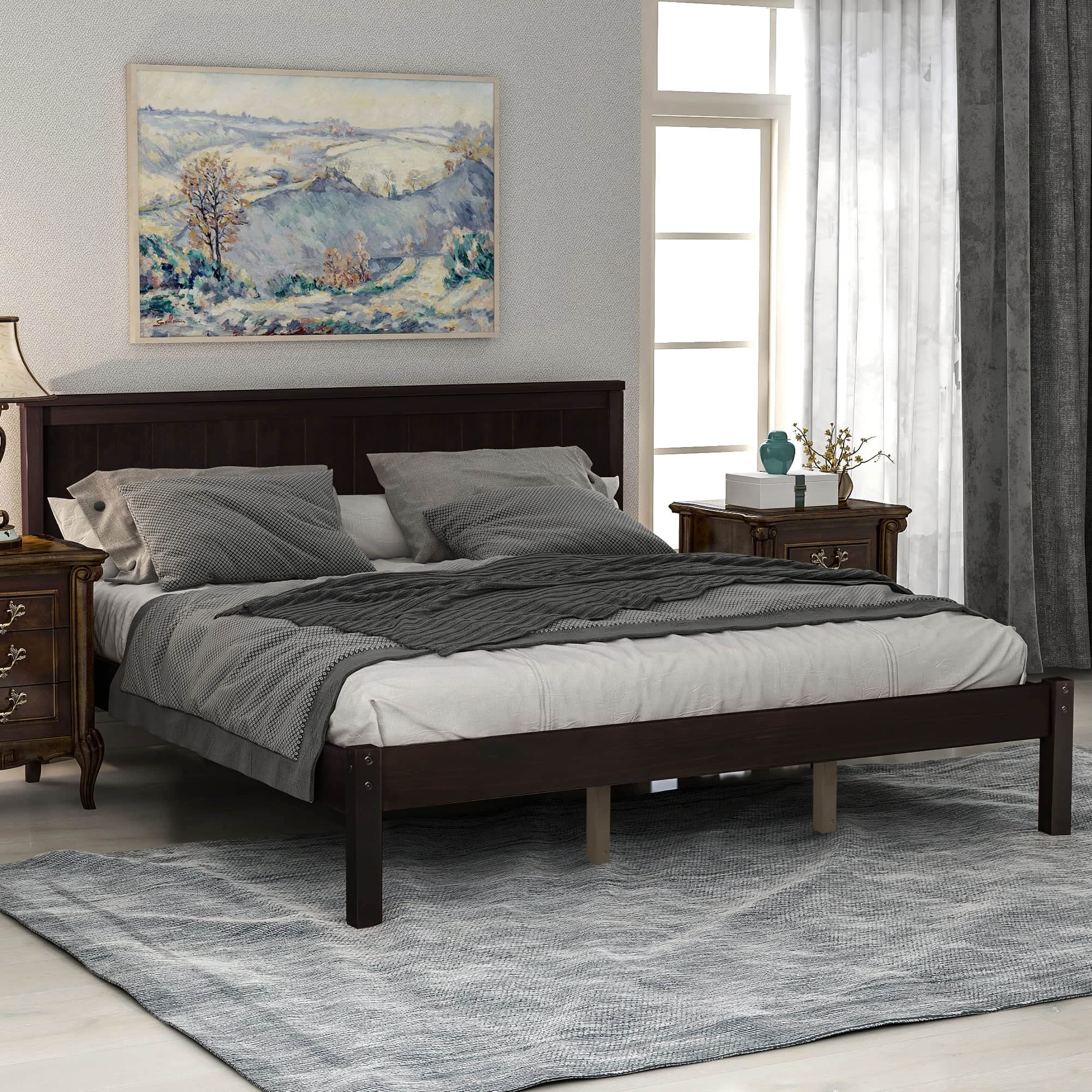 Solid Wood Queen Platform Bed Frame with Headboard - Heavy Duty Center Support & Mattress Foundation - Modern Minimalist Bedroom Furniture for Small Spaces & Apartments